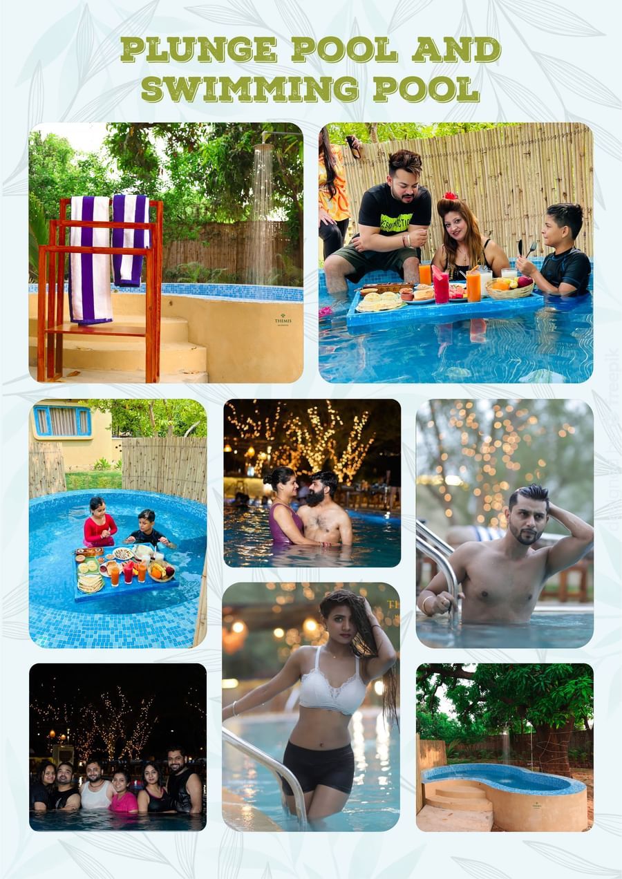 Collage of people enjoying the swimming pool at Themis Mudhouse- A Nature's Wellness Resort