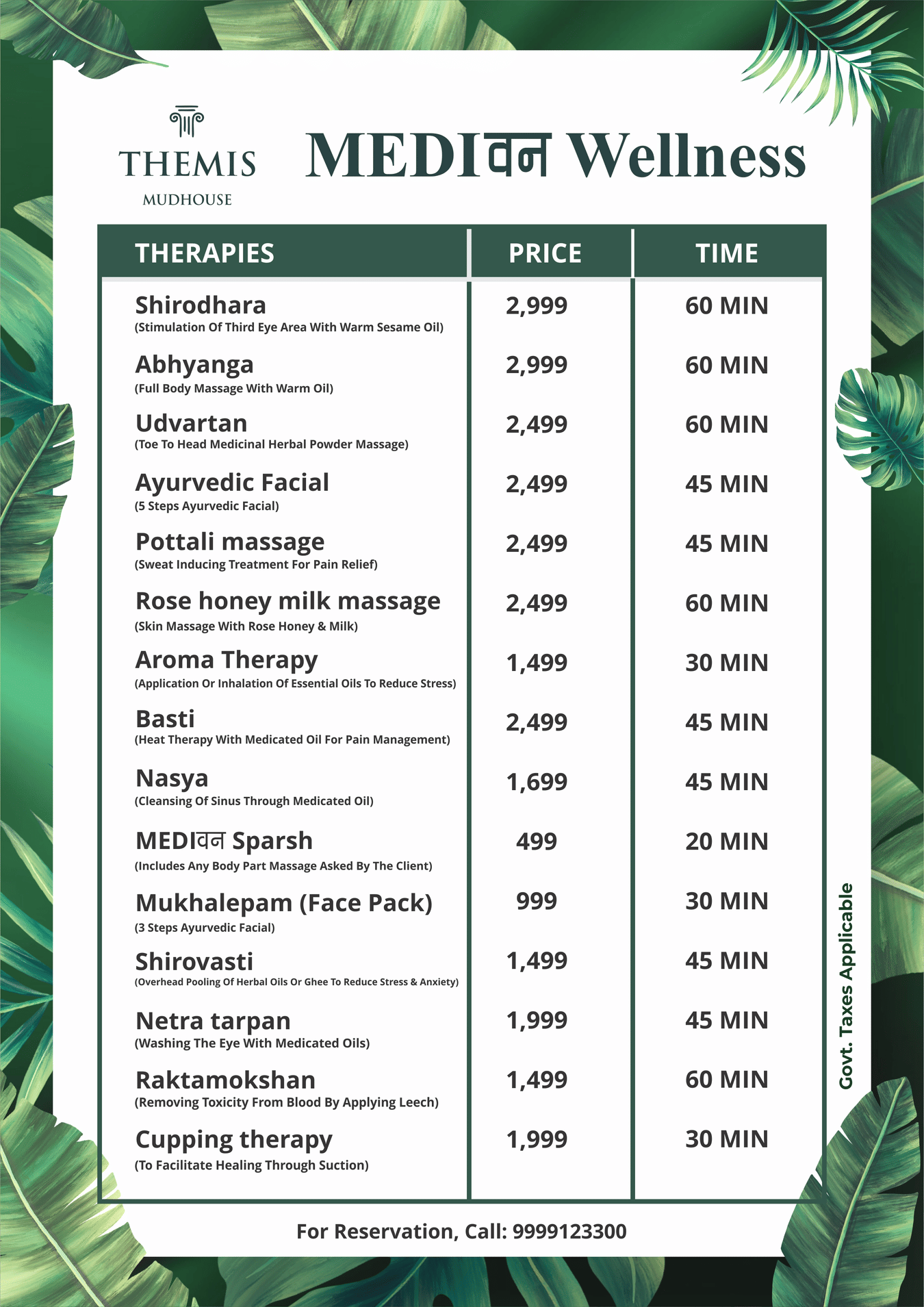 Tariff card for wellness treatments  at Themis Mudhouse- A Nature's Wellness Resort