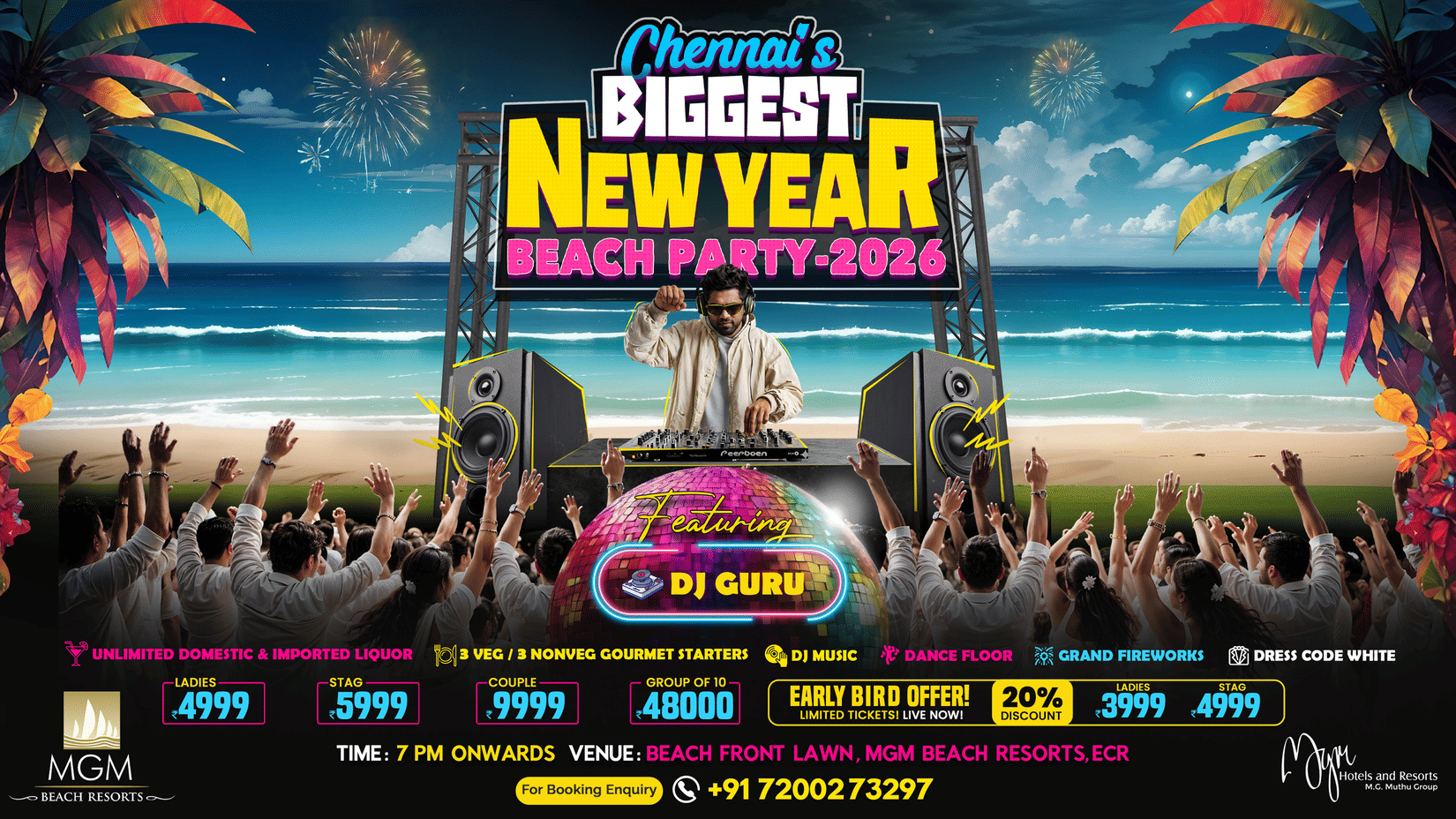 Promo for Chennai's Biggest New Year Beach Party 2026 at MGM Beach Resorts. Featuring DJ Guru, fireworks, and drinks. Dress code: White.