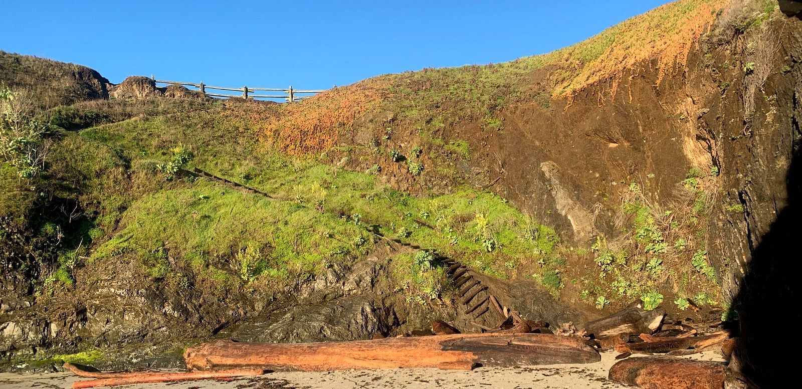 An image of a rocky hill which also has plants and a pathway leading to the stream below