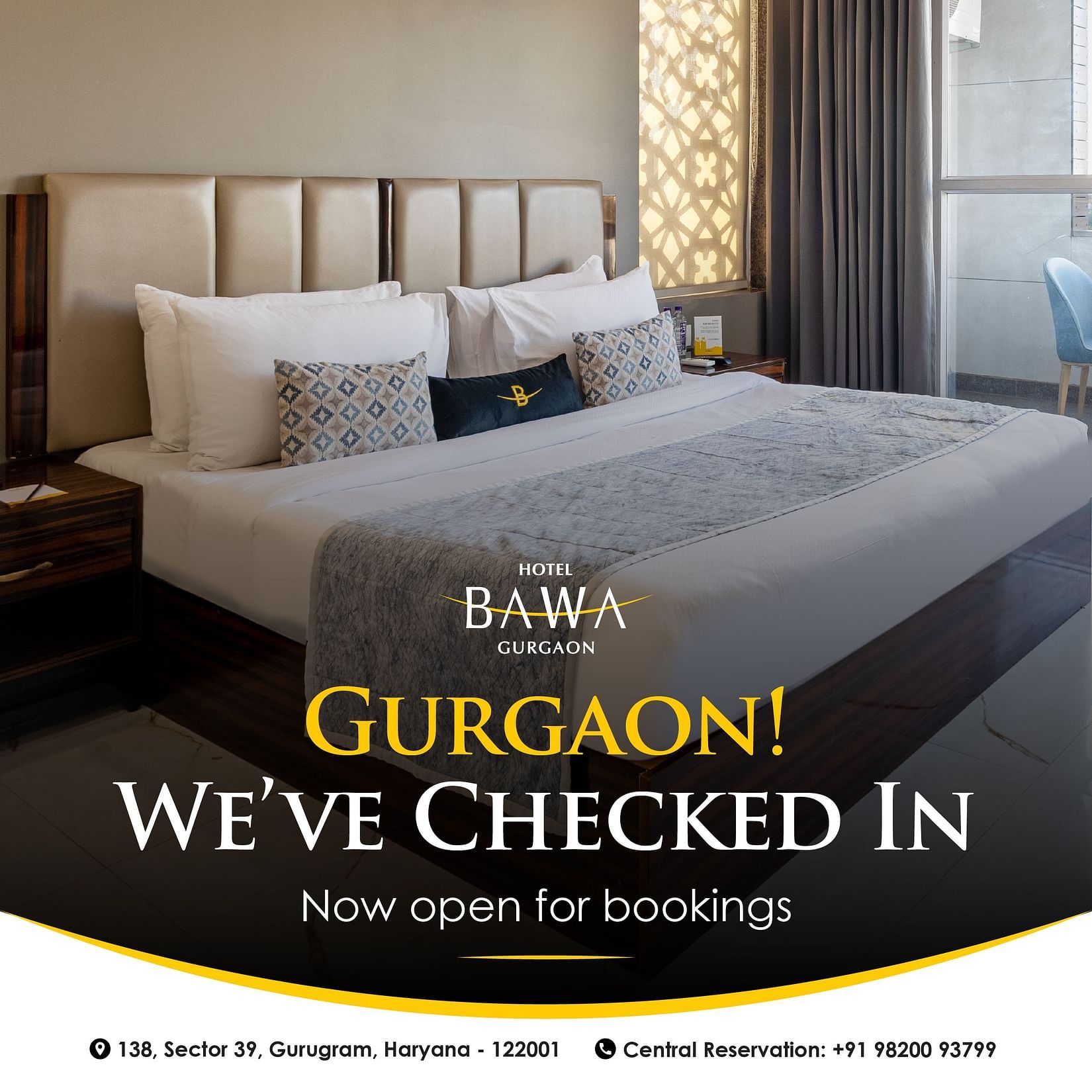 A creative image featuring a double size bed and on top its mentioned the Hotel Bawa Gurgaon is now open for booking