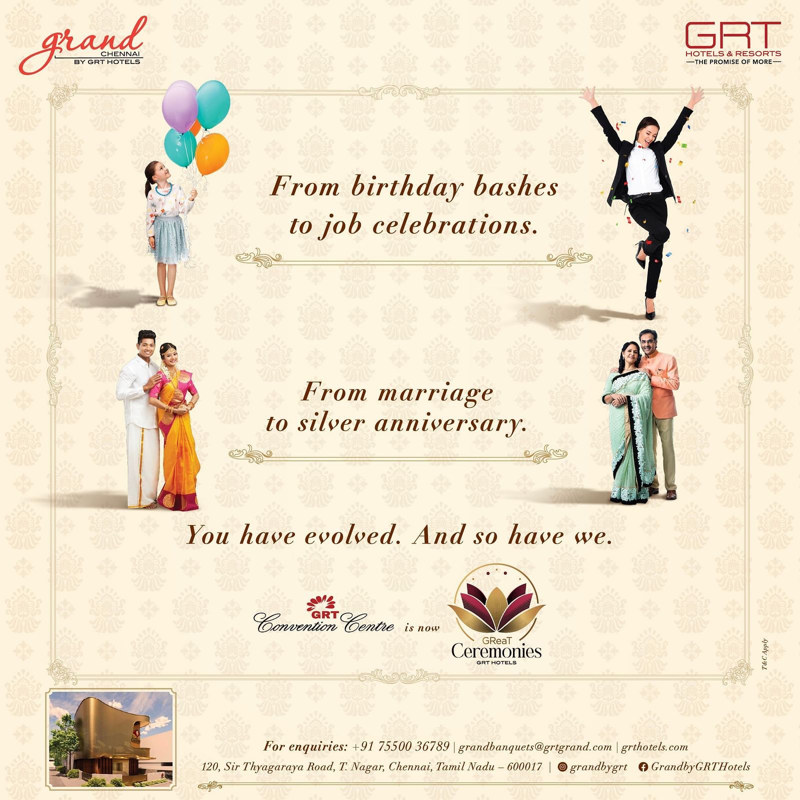 A image featuring couple image on both side  advertising Great Ceremonies banquet halls at Grand Chennai -  GRT Hotels