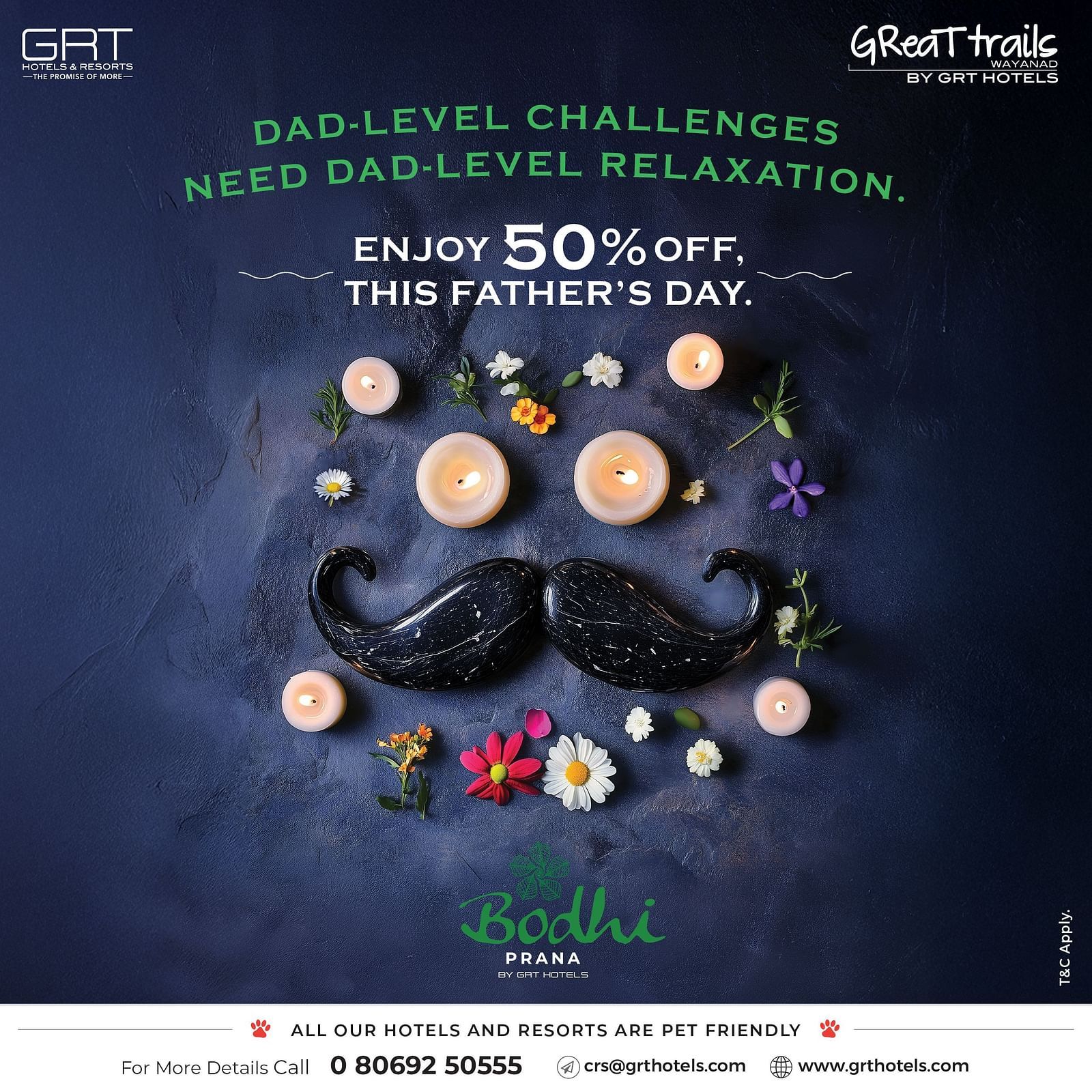  Father’s Day spa offer by GRT Hotels with candles, flowers, and a black moustache. Highlights 50% off on treatments at Bodhi Prana.