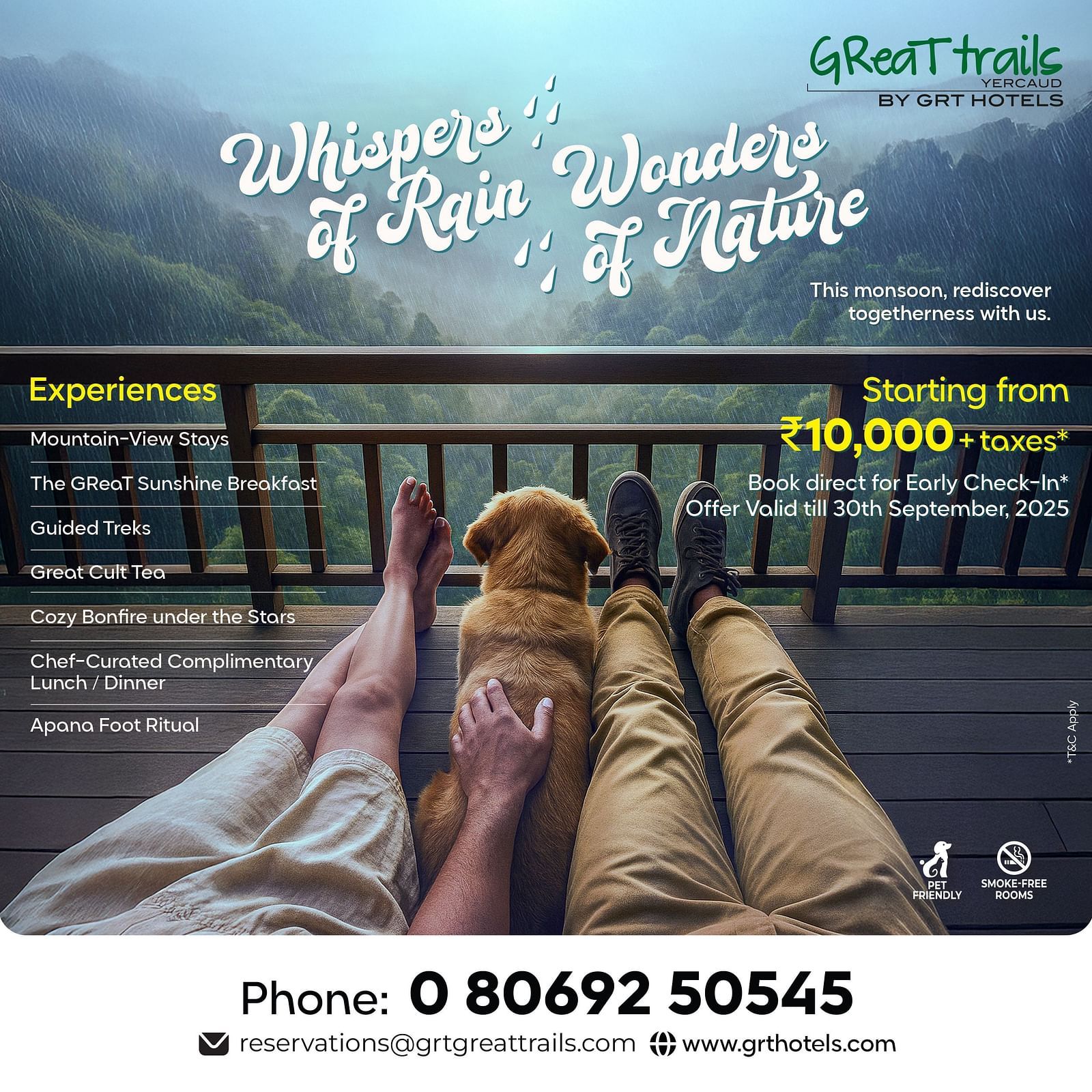 Yercaud Monsoon escape at Great Trails: Couple and dog, valley view, from ?10,000 with experiences like boating, trekking, and garden strolls