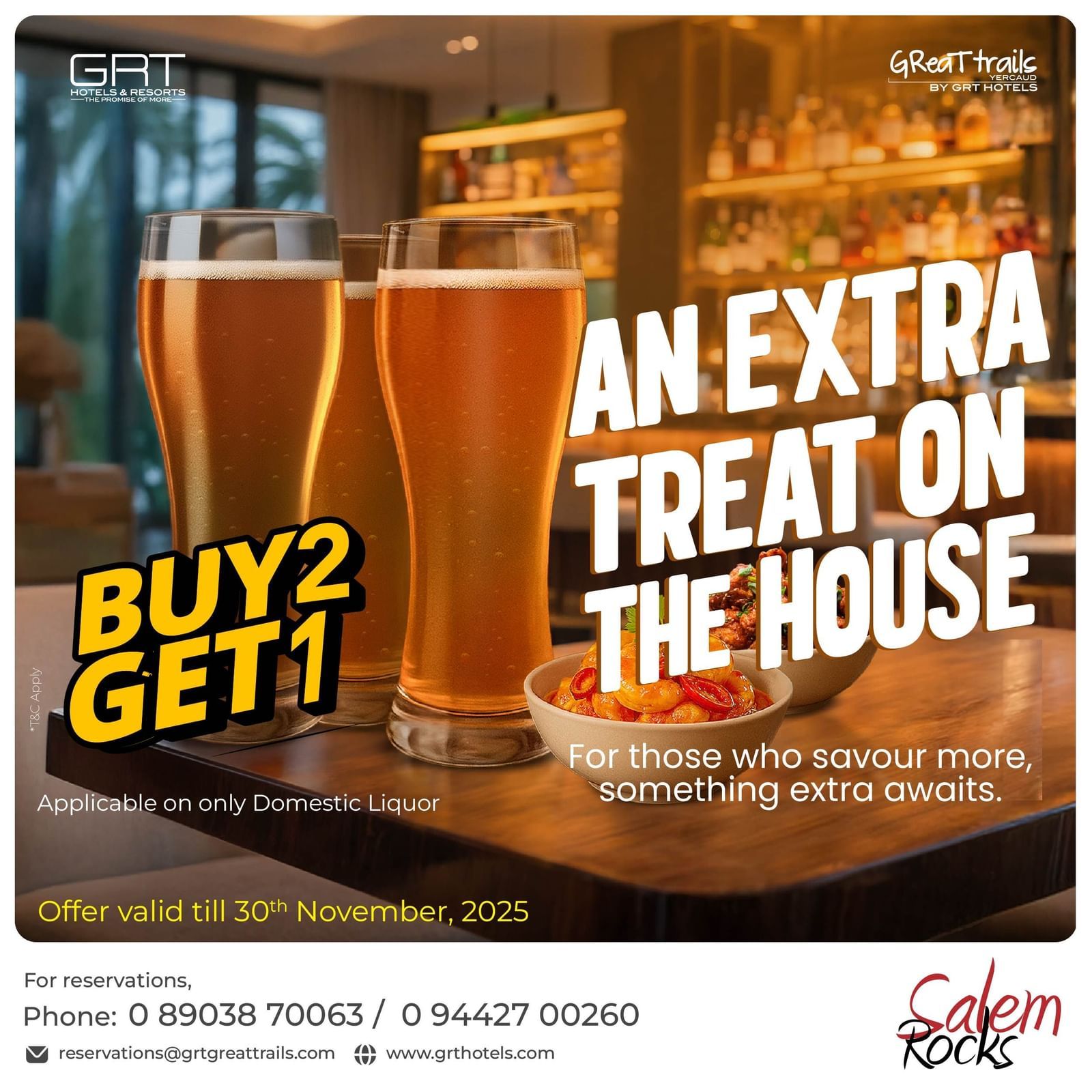 Buy 2 Get 1 beverage promotional creative for AN EXTRA TREAT ON THE HOUSE showing two large glasses of beer and a glass on a bar.
