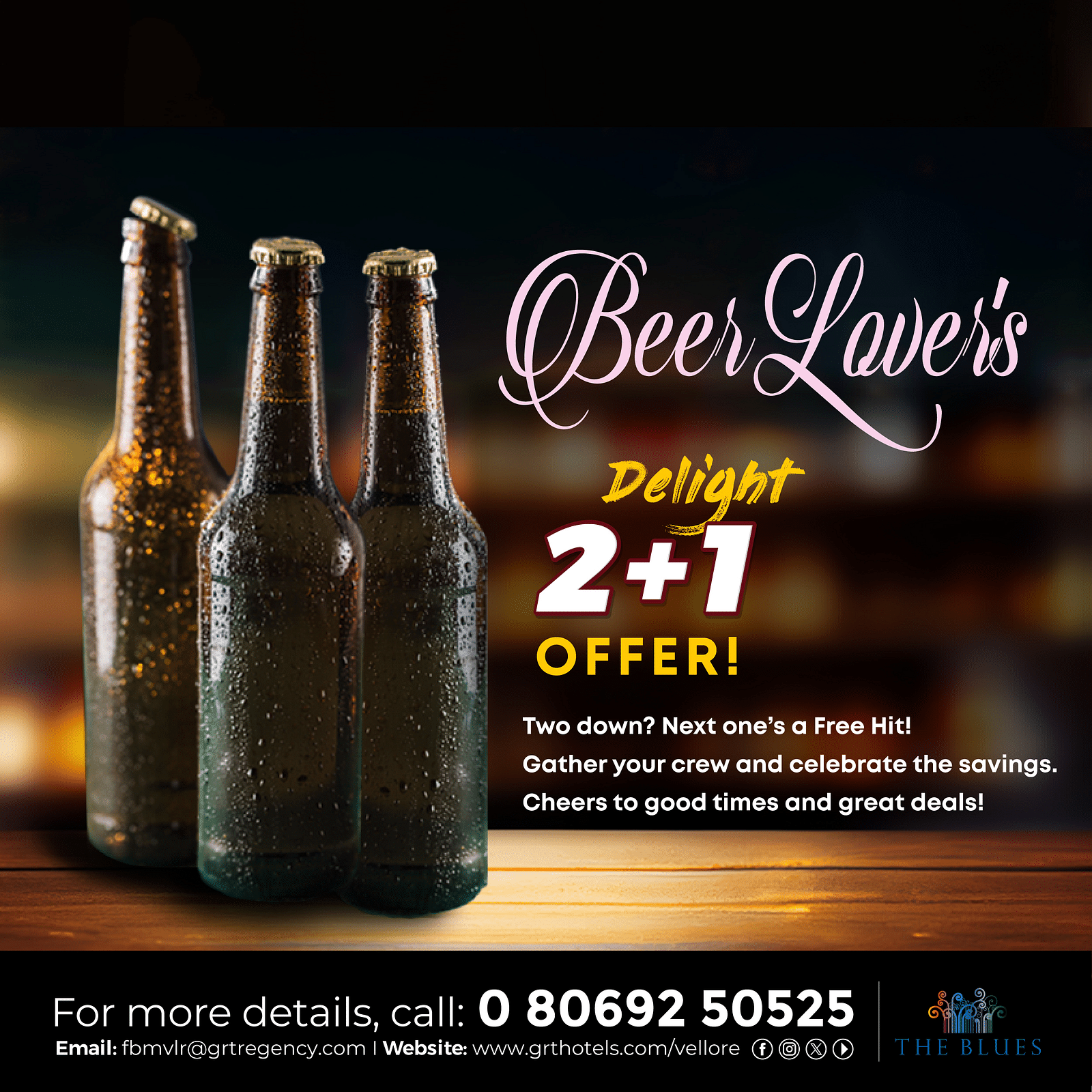 Offer creative featuring close-up of a glass of beer with foam, text overlay on a dark background.