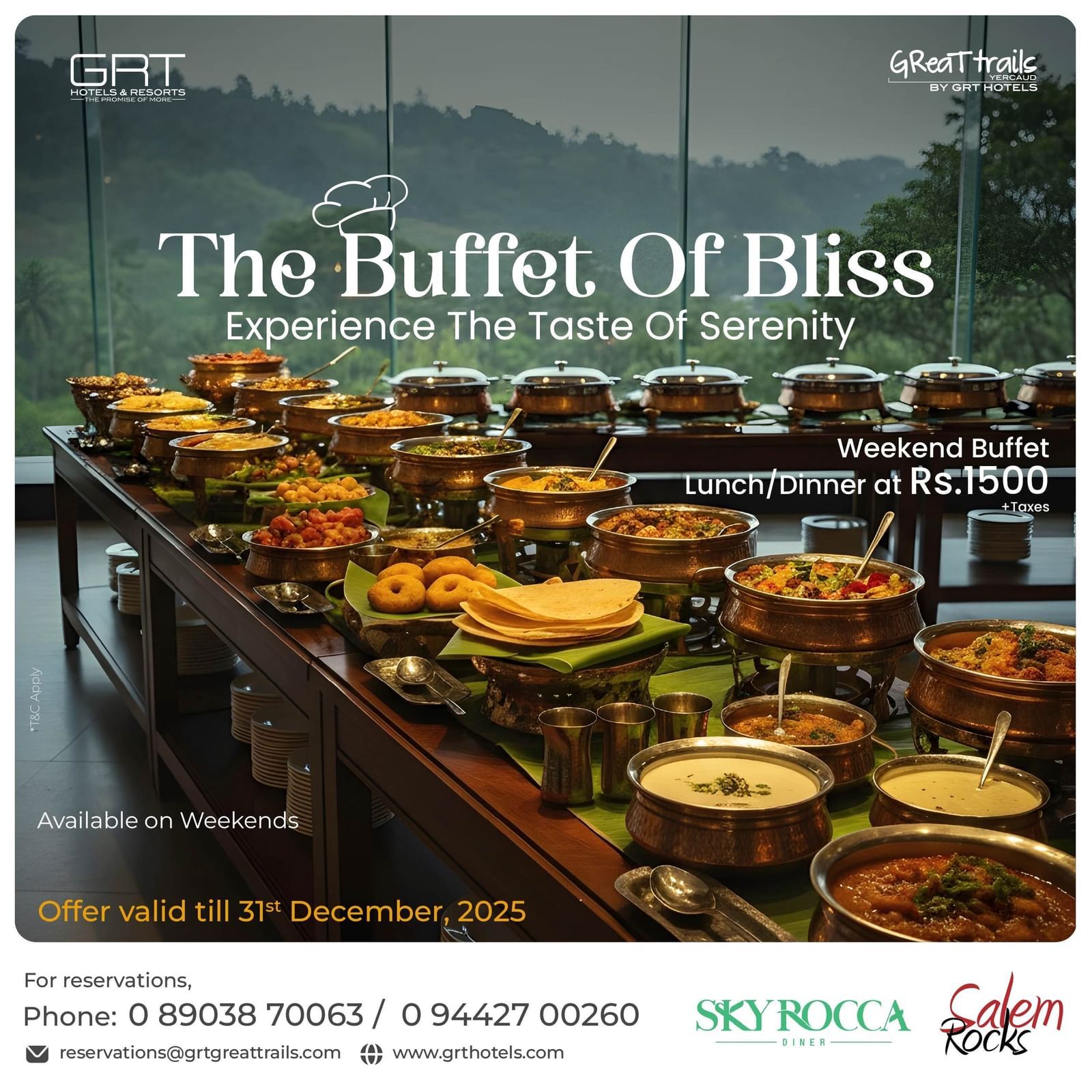 Promotional creative for THE BUFFET OF BLISS featuring a long, lavishly presented buffet spread with a background view of misty mountains.