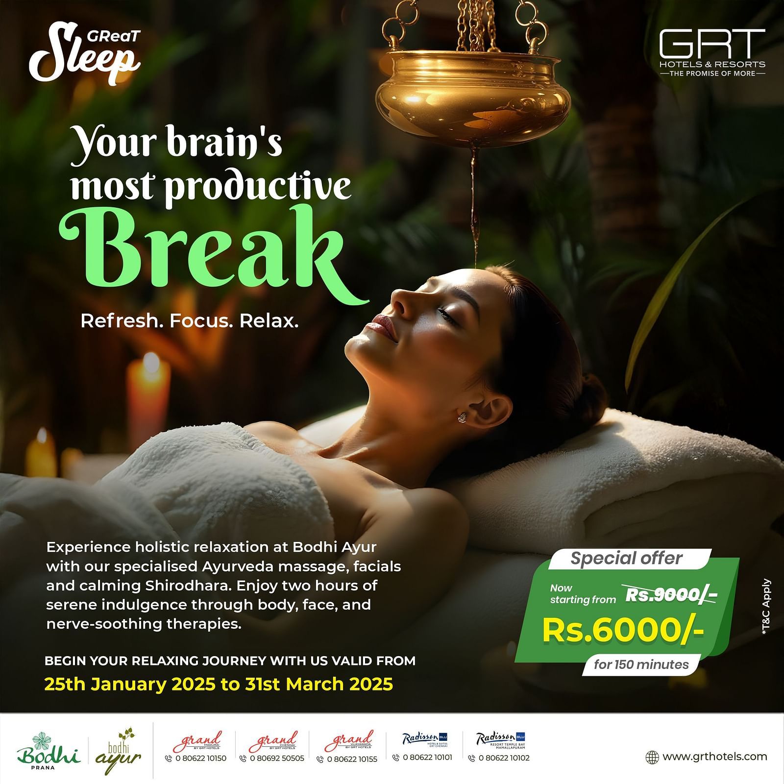 A banner depicting a peaceful spa scene with a woman receiving Shirodhara therapy under a golden oil flow in a tranquil setting.