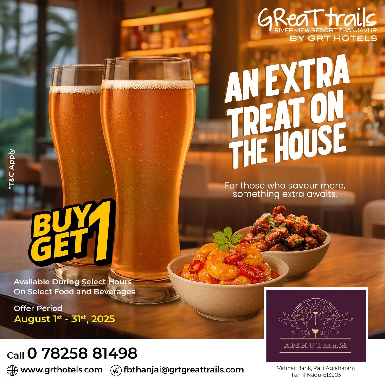 Great Trails Thanjavur BOGO offer: Buy 1 Get 1 on select food & drinks during select hours. Valid Aug 1–31, 2025 at Amrutham Restaurant.