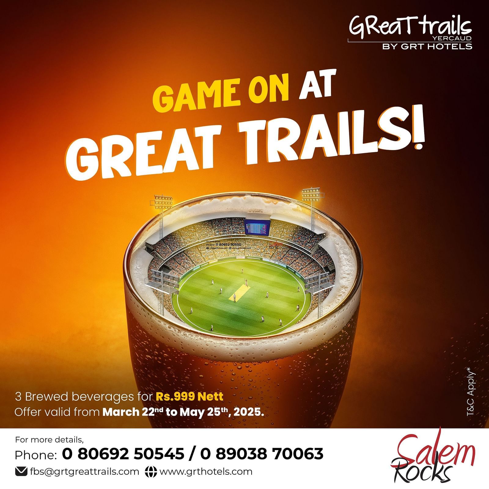 A creative banner of Great trails Yercaud is offering 3 brewed beverages for just rupees 999 at Salem Rocks Restaurant