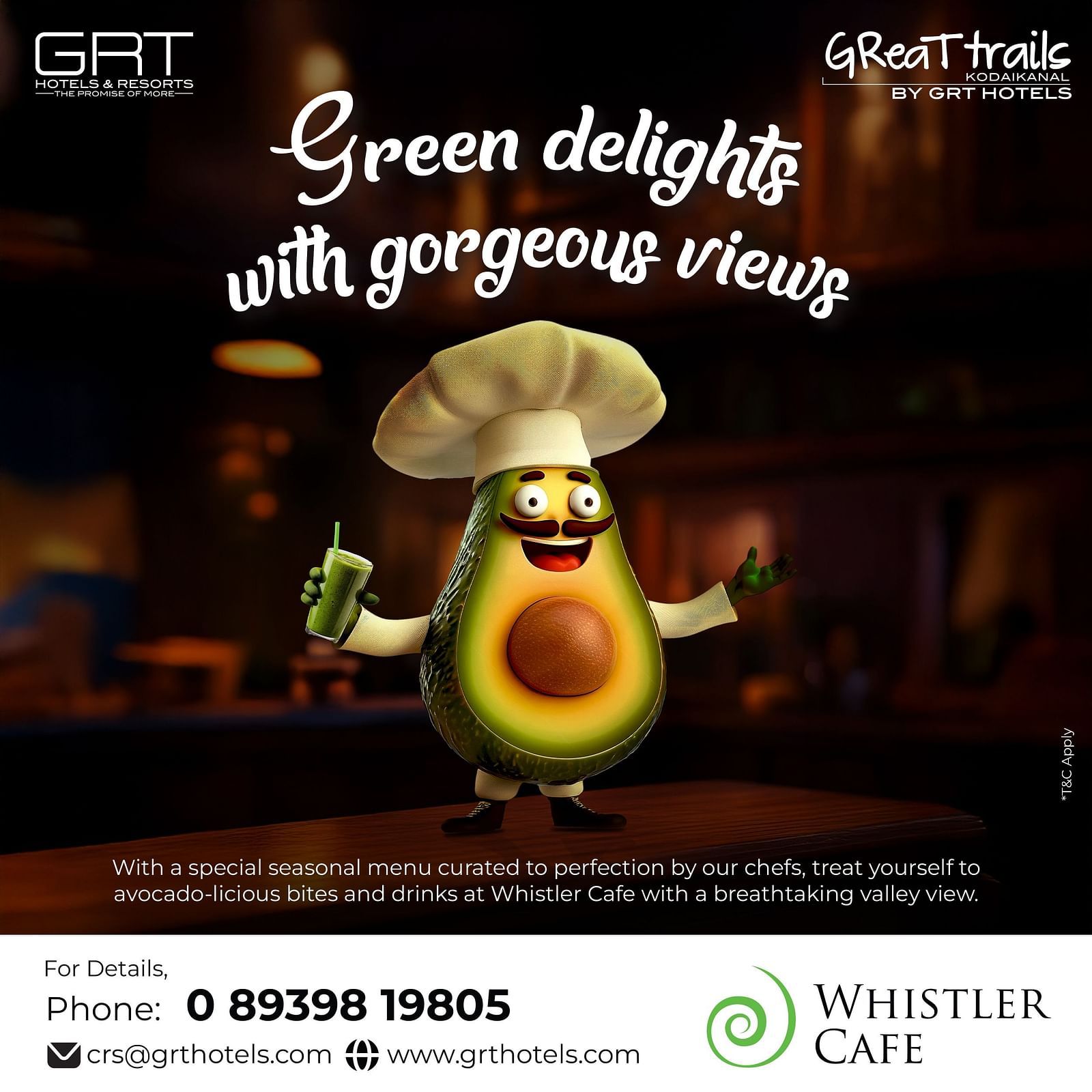A creative banner (mobile) for the avocado special menu at Whistler Cafe - GReaT Trails Kodaikanal