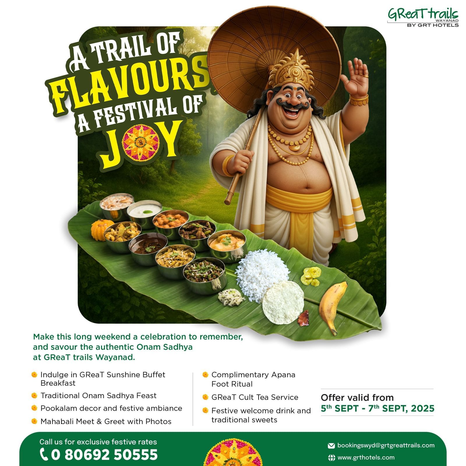 Onam Sadhya at GReaT trails Wayanad – Traditional feast, Mahabali meet, festive décor, and rituals from 5th–7th Sept 2025.