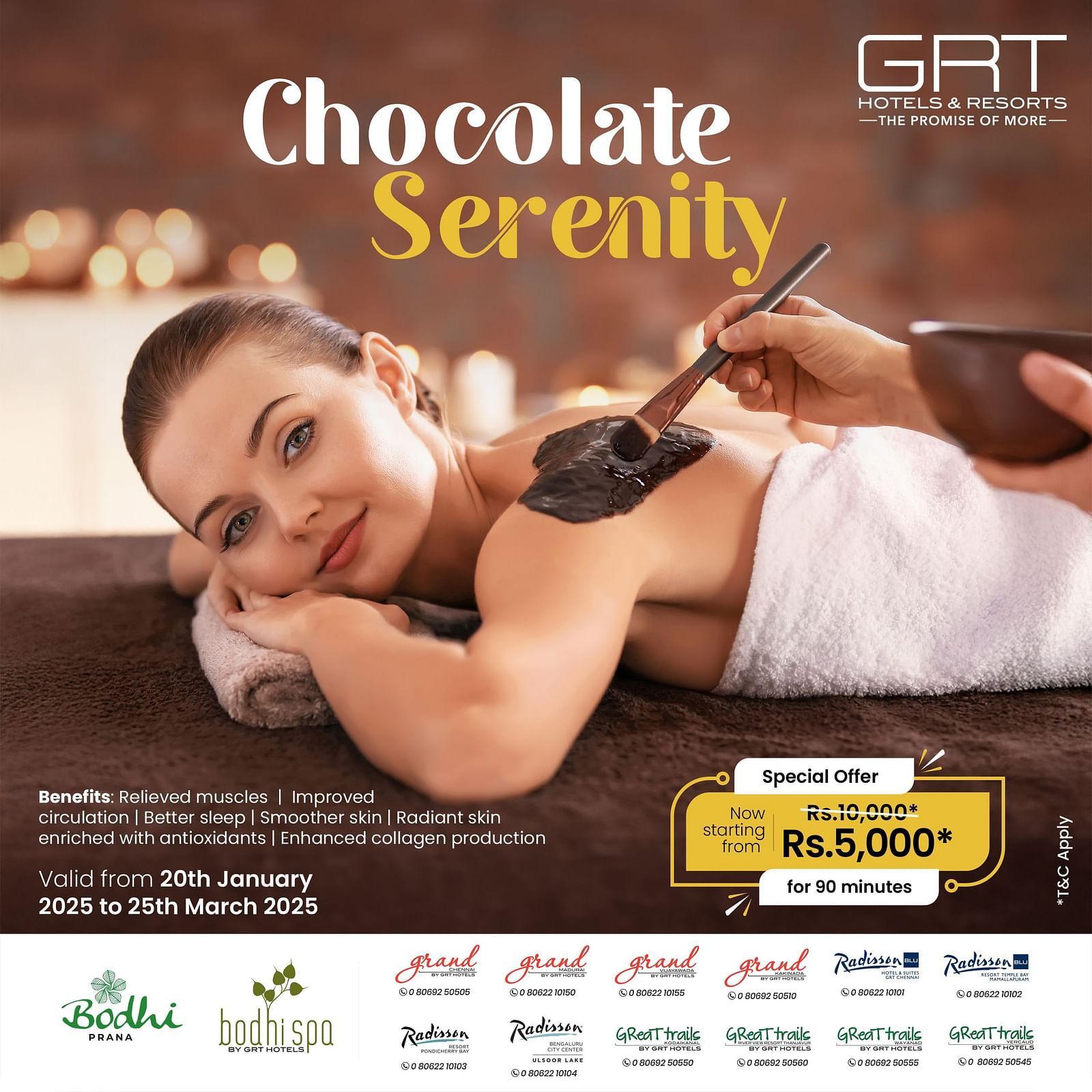 A banner showing a serene spa scene with a woman enjoying a chocolate therapy treatment in a softly lit, relaxing space.