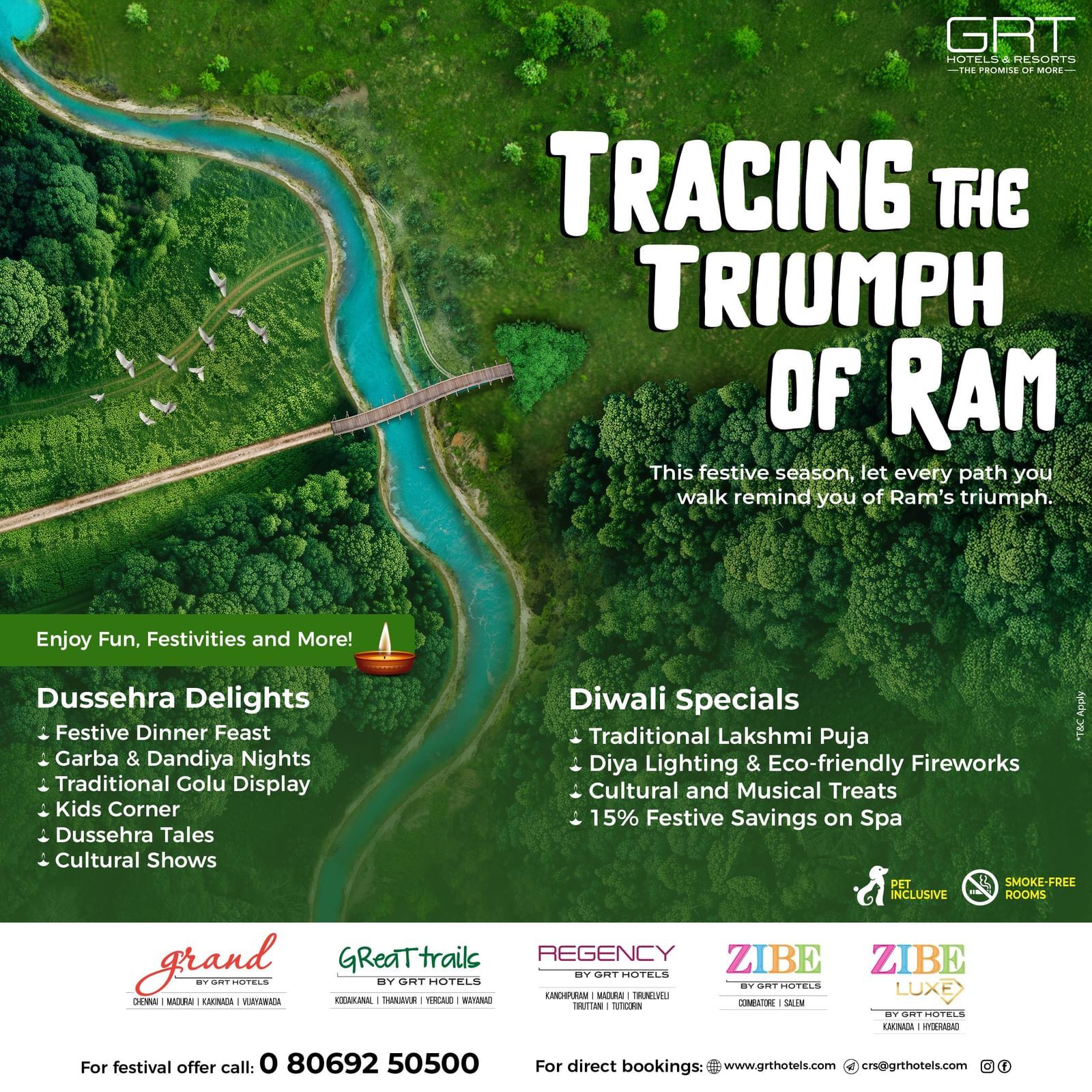 Creative of Dussehra Delights and Diwali Specials at GRT Hotels with cultural shows, festive feasts, spa savings and more. Book your festive getaway.