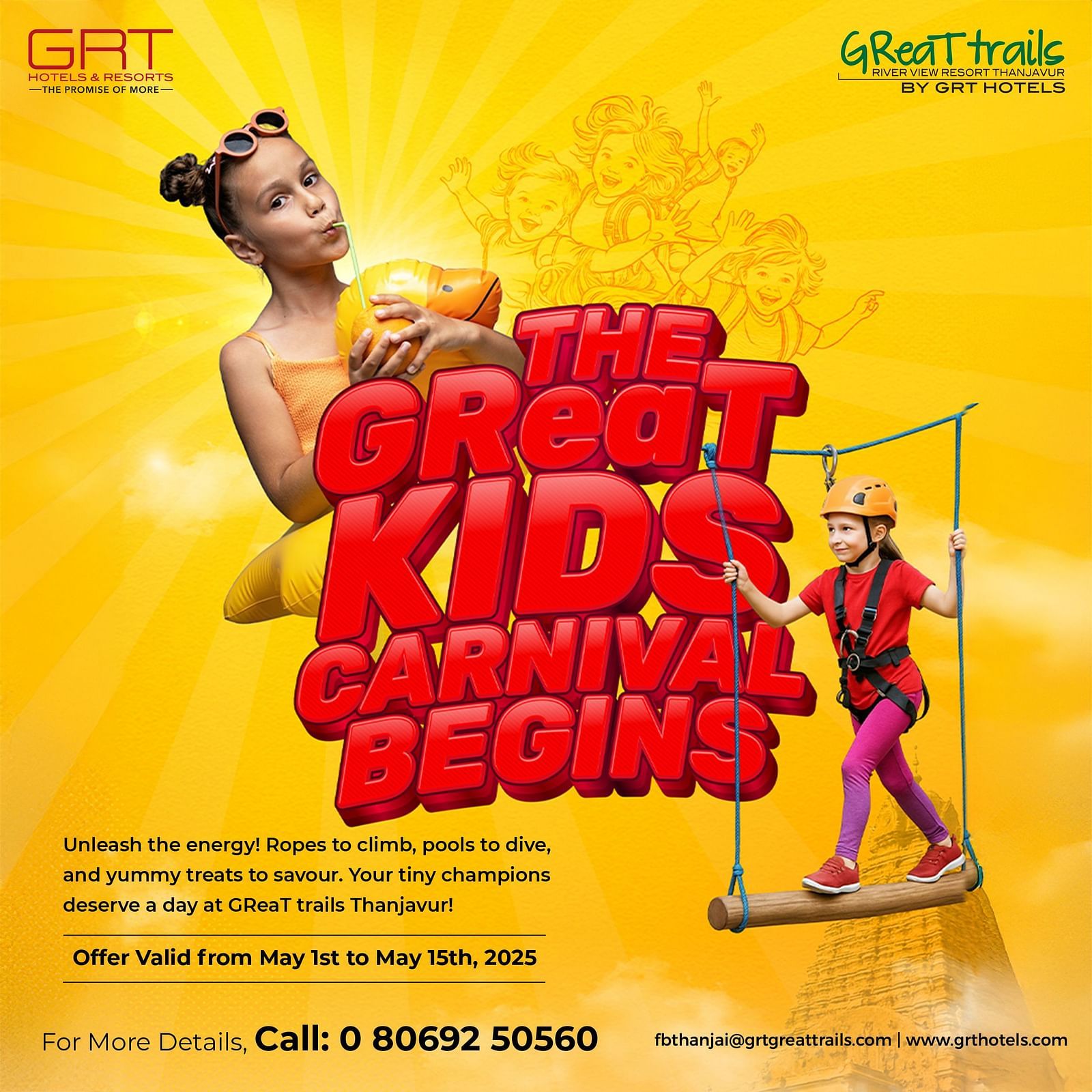 Join the exciting Kids Carnival at GReaT Trails Thanjavur from May 1st to 15th! Enjoy fun activities like rope climbing, pool dives, and delicious treats.