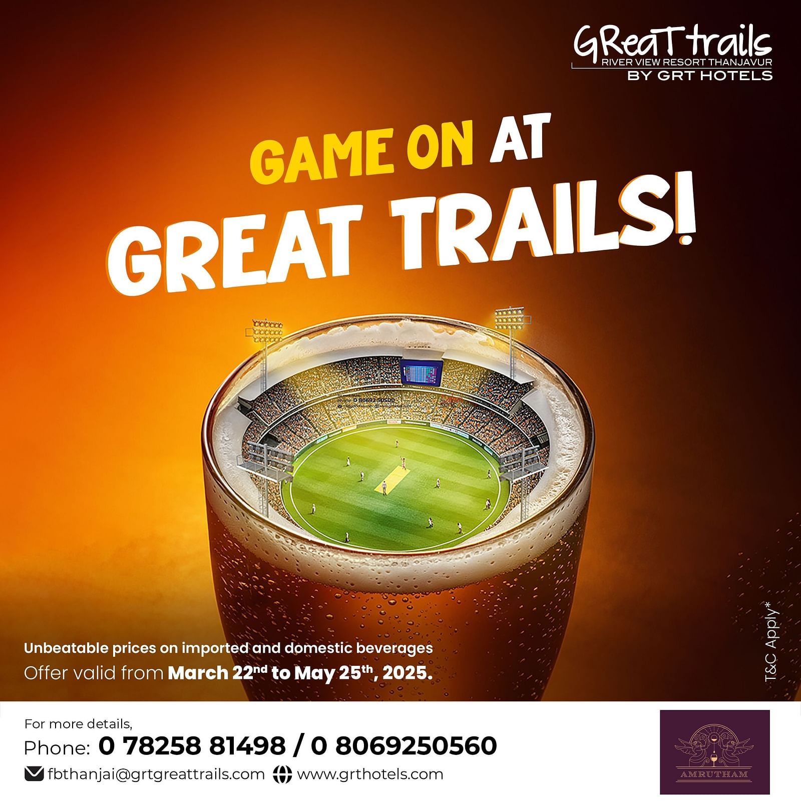 A creative banner advertising domestic and imported beverages at an unbeatable price - Great trails Thanjavur