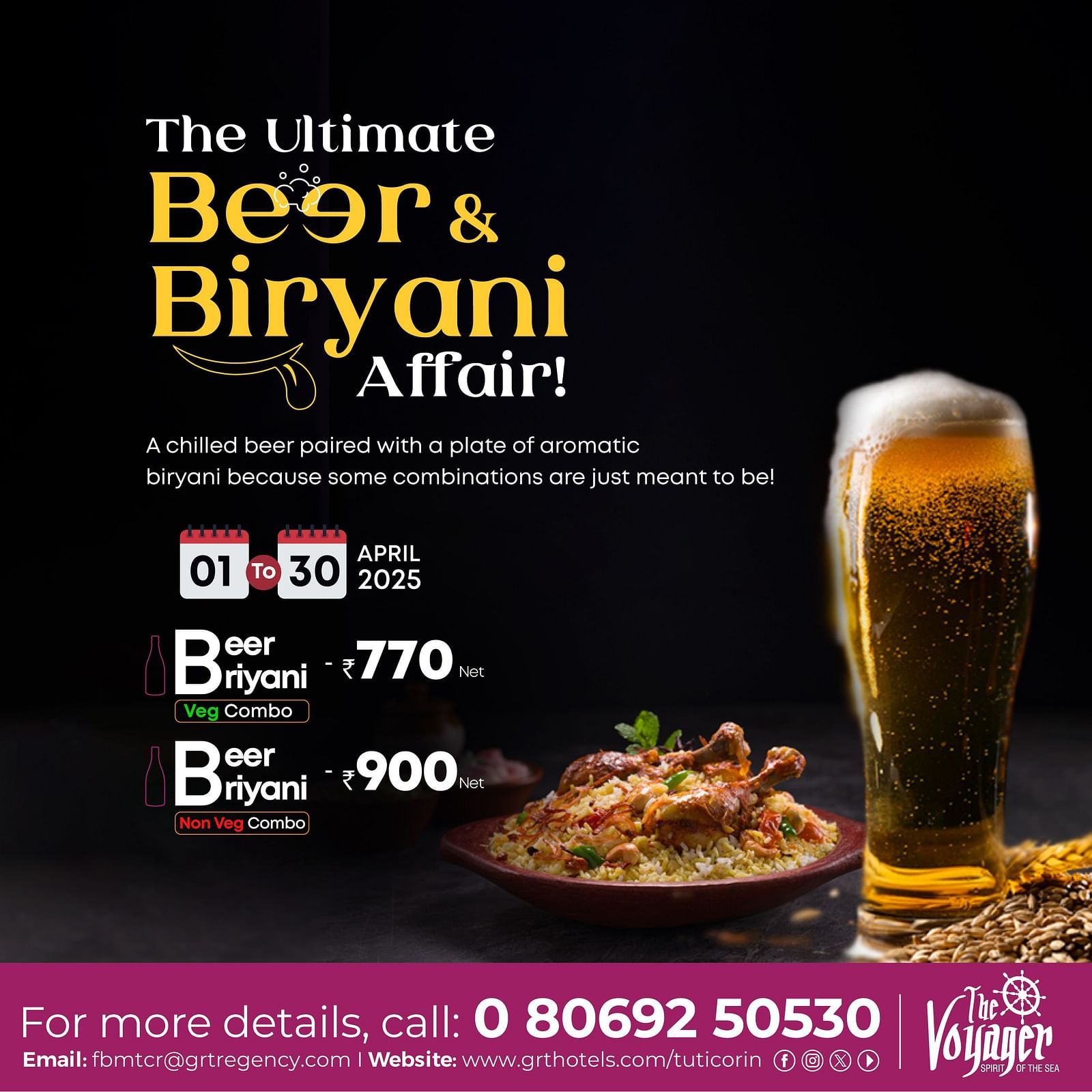 A creative image of Regency Tuticorin advertising  chilled beer and biryani, both veg and non veg 