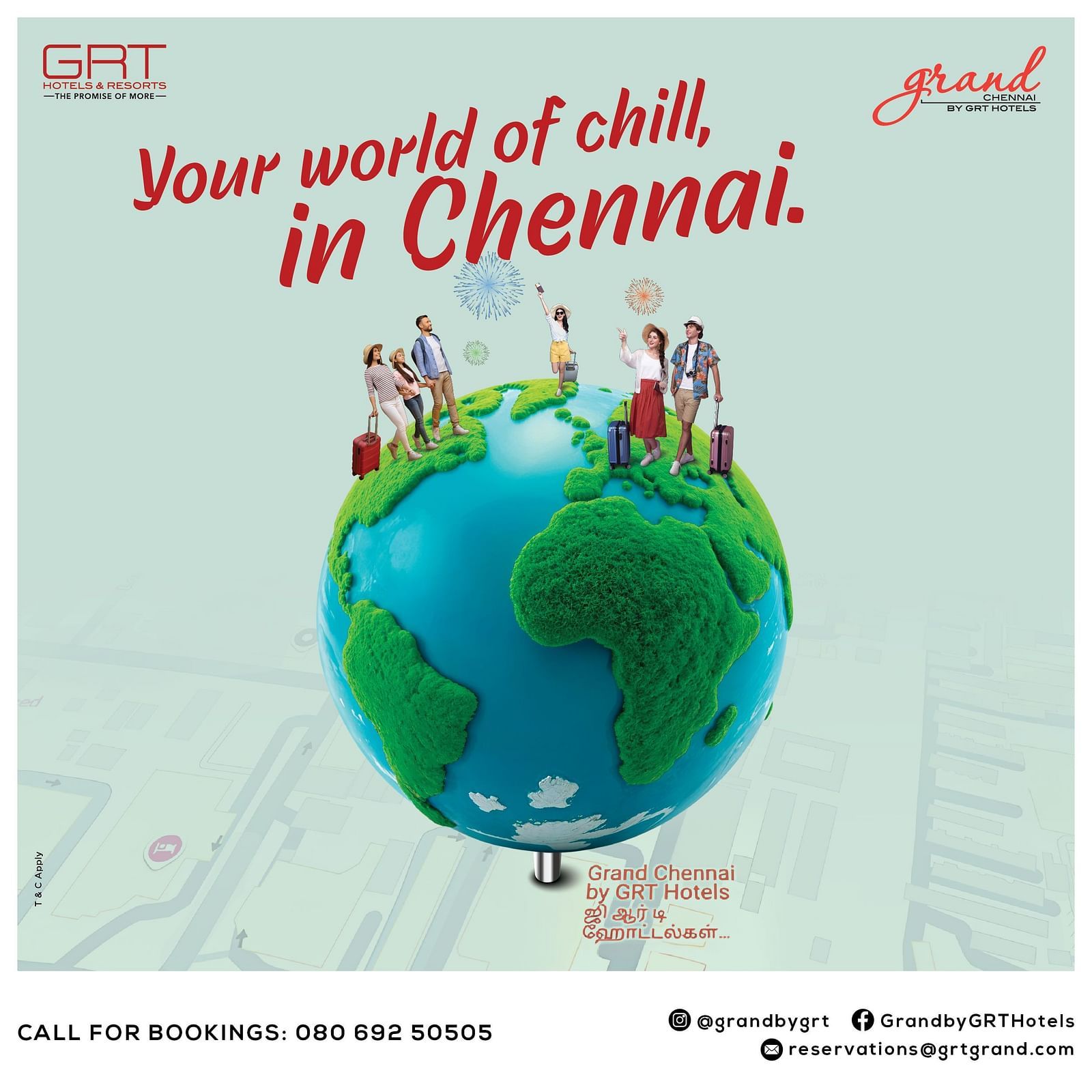  Miniature globe illustration with leisure-themed visuals, headline: Your world of chill, in Chennai