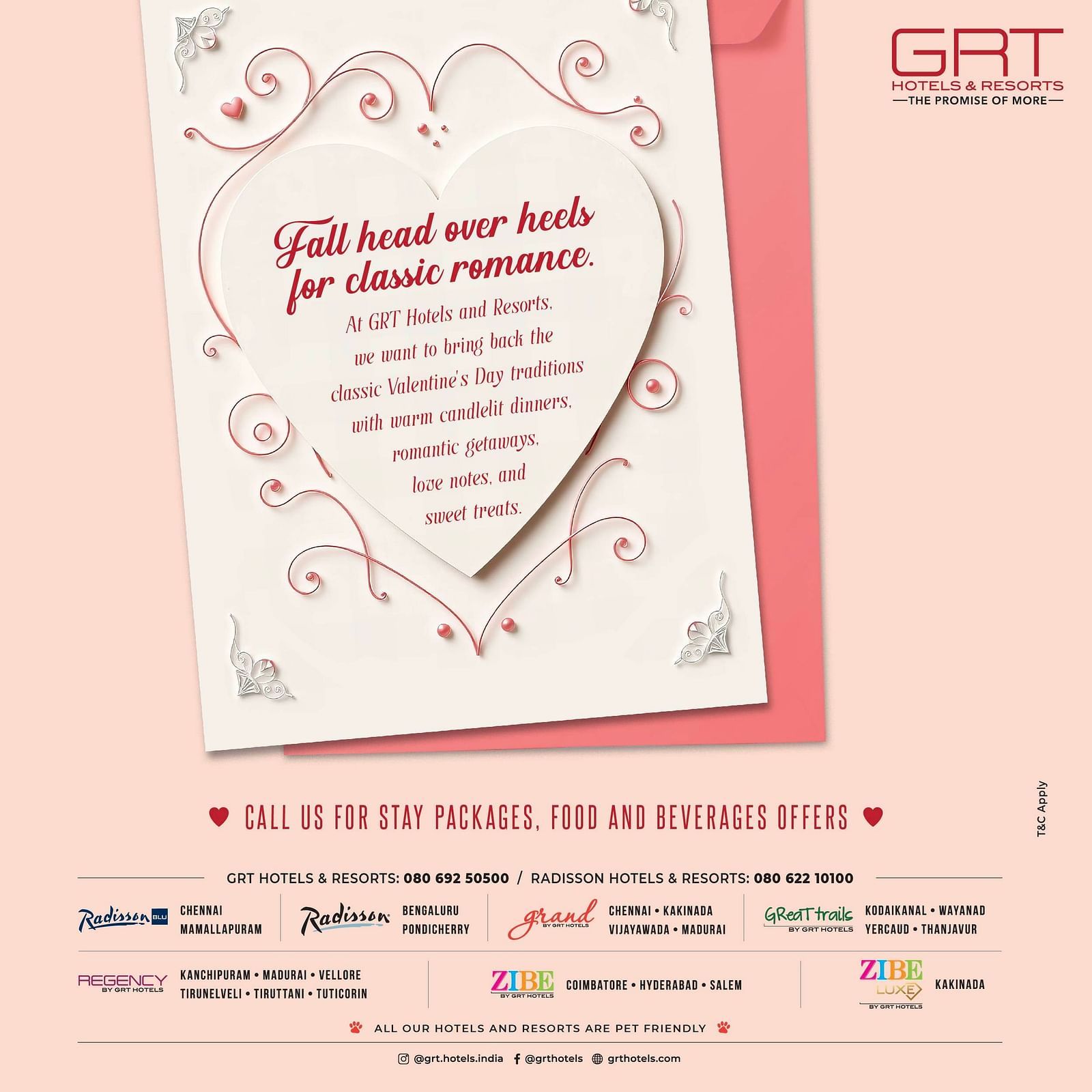 Creative for a romantic Valentine's Day offer from GRT Hotels, featuring candlelit dinners, getaways, and sweet treats.