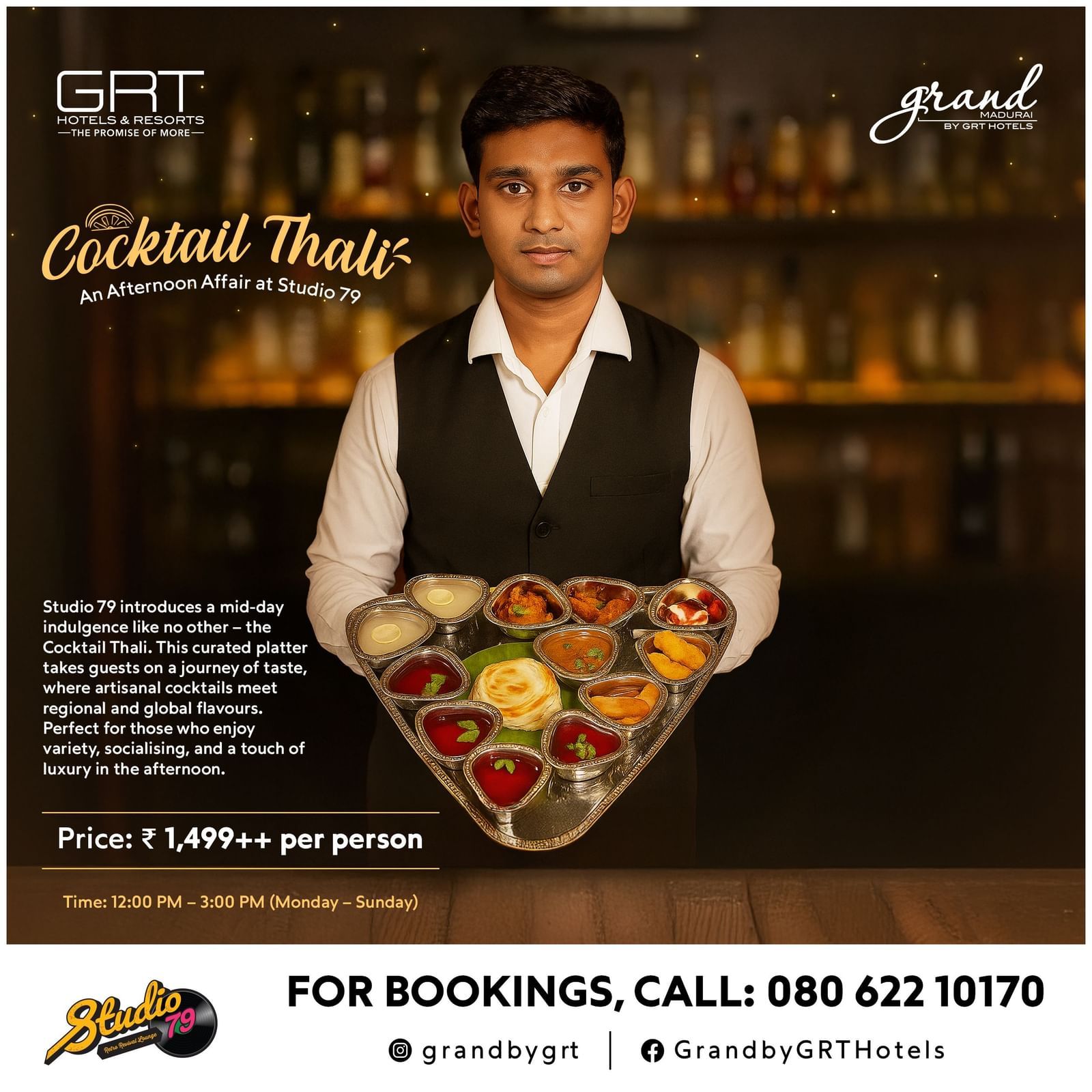 Cocktail Thali at Studio 79, Grand Madurai – curated platter with artisanal cocktails & flavors. Available daily from 12 PM – 3 PM.