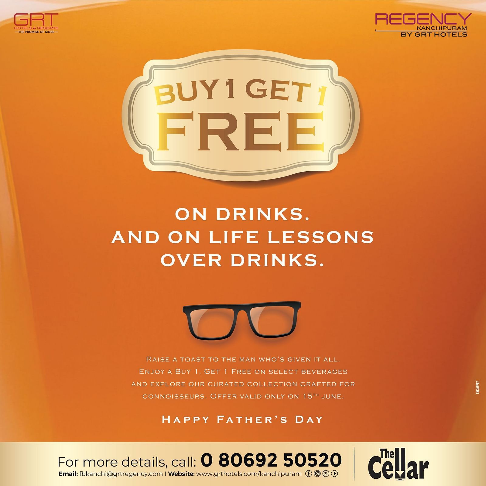  Father’s Day drinks offer by GRT Hotels with “Buy 1 Get 1 Free” text on an orange background featuring glasses and celebration message.