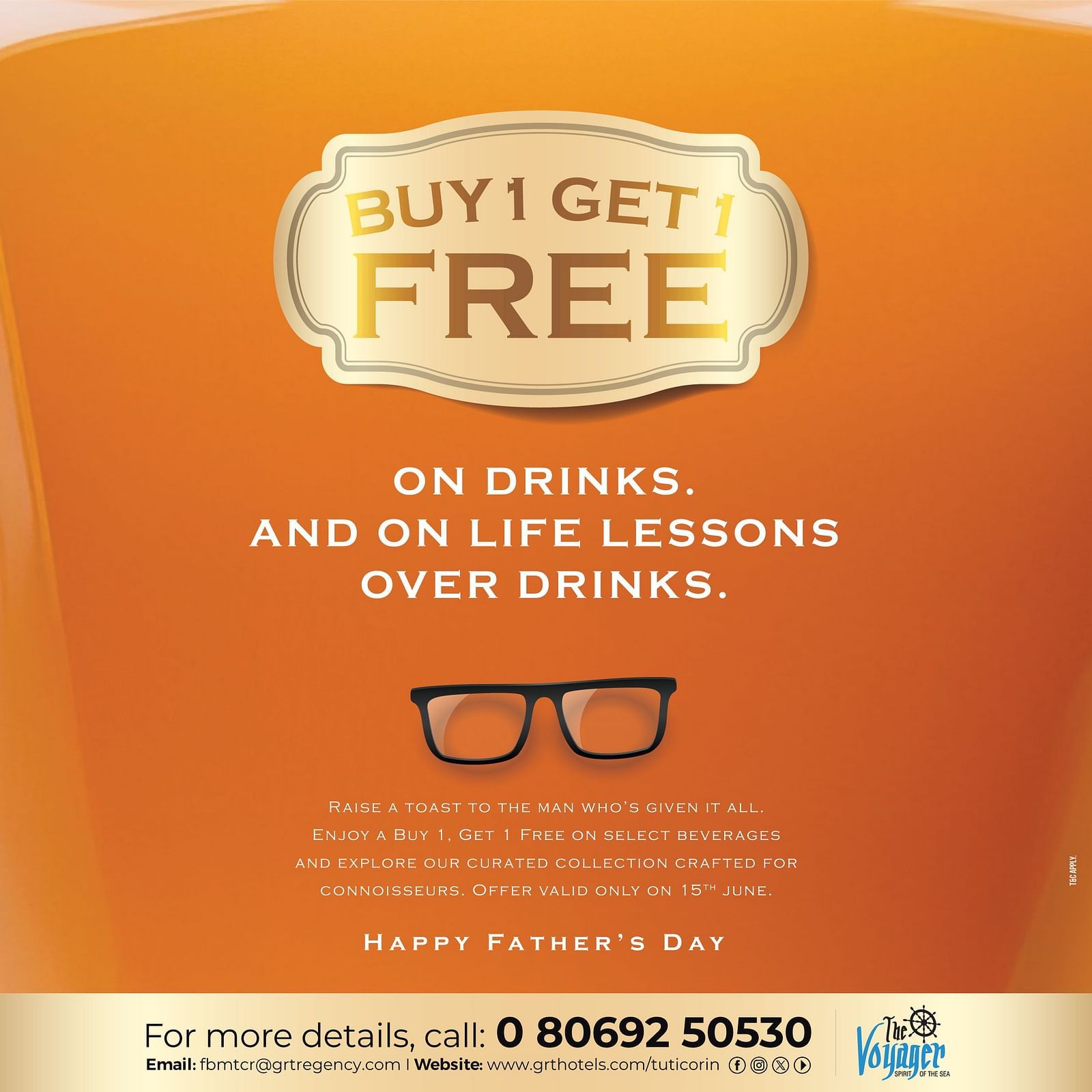  Father’s Day drinks offer by GRT Hotels with “Buy 1 Get 1 Free” text on an orange background featuring glasses and celebration message.