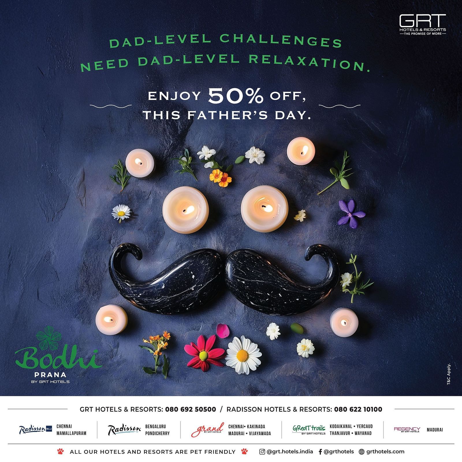  Father’s Day spa offer by GRT Hotels with candles, flowers, and a black moustache. Highlights 50% off on treatments at Bodhi Prana.