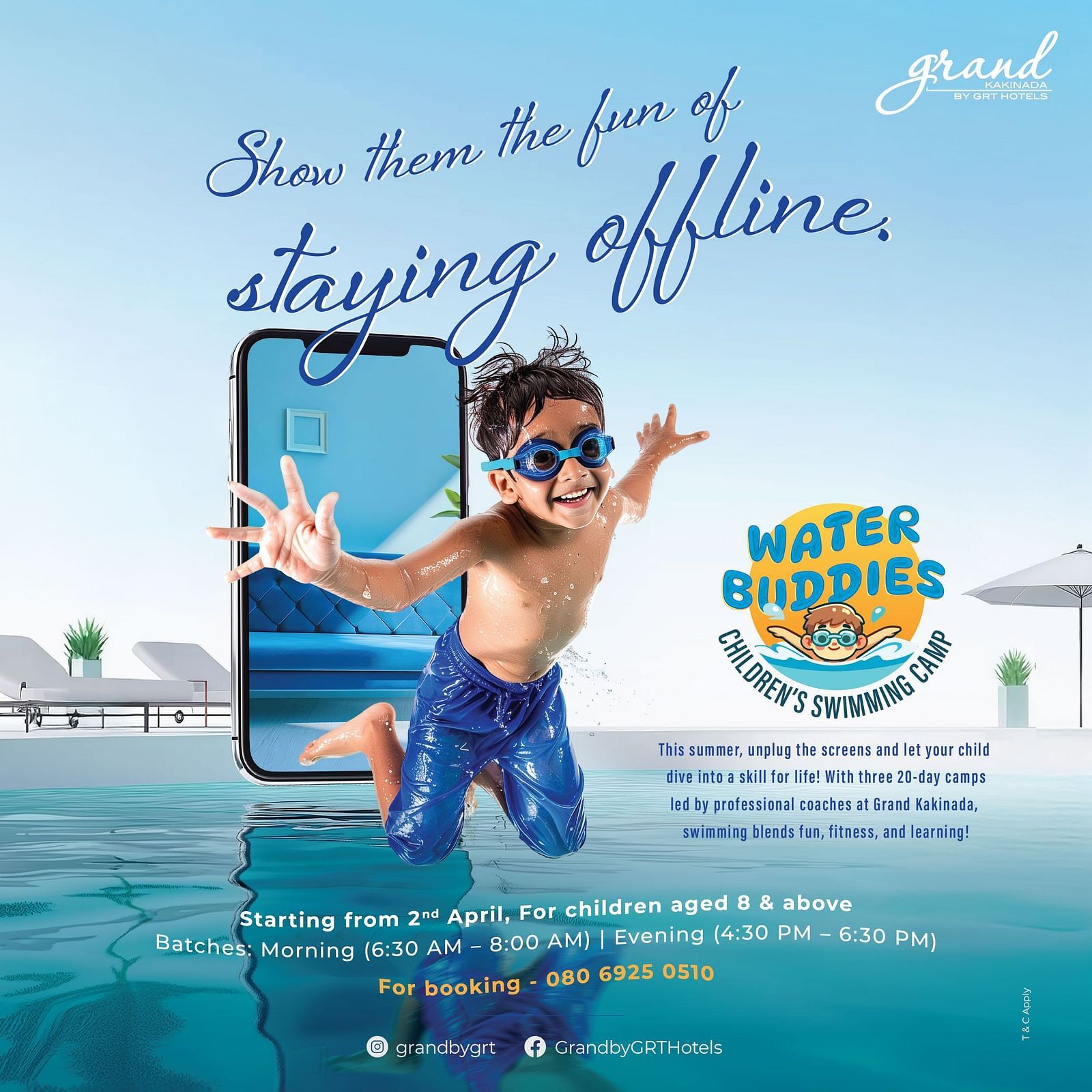 A creative for Water Buddies Children's Camp at Grand Kakinada