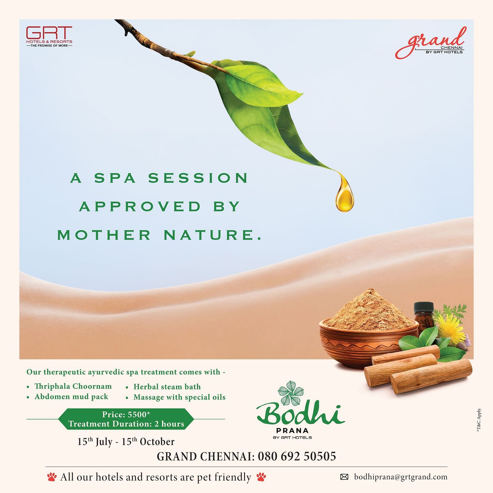 Bodhi Prana spa offer at Grand Chennai by GRT Hotels with Ayurvedic therapies approved by nature, valid from 15th July to 15th October.