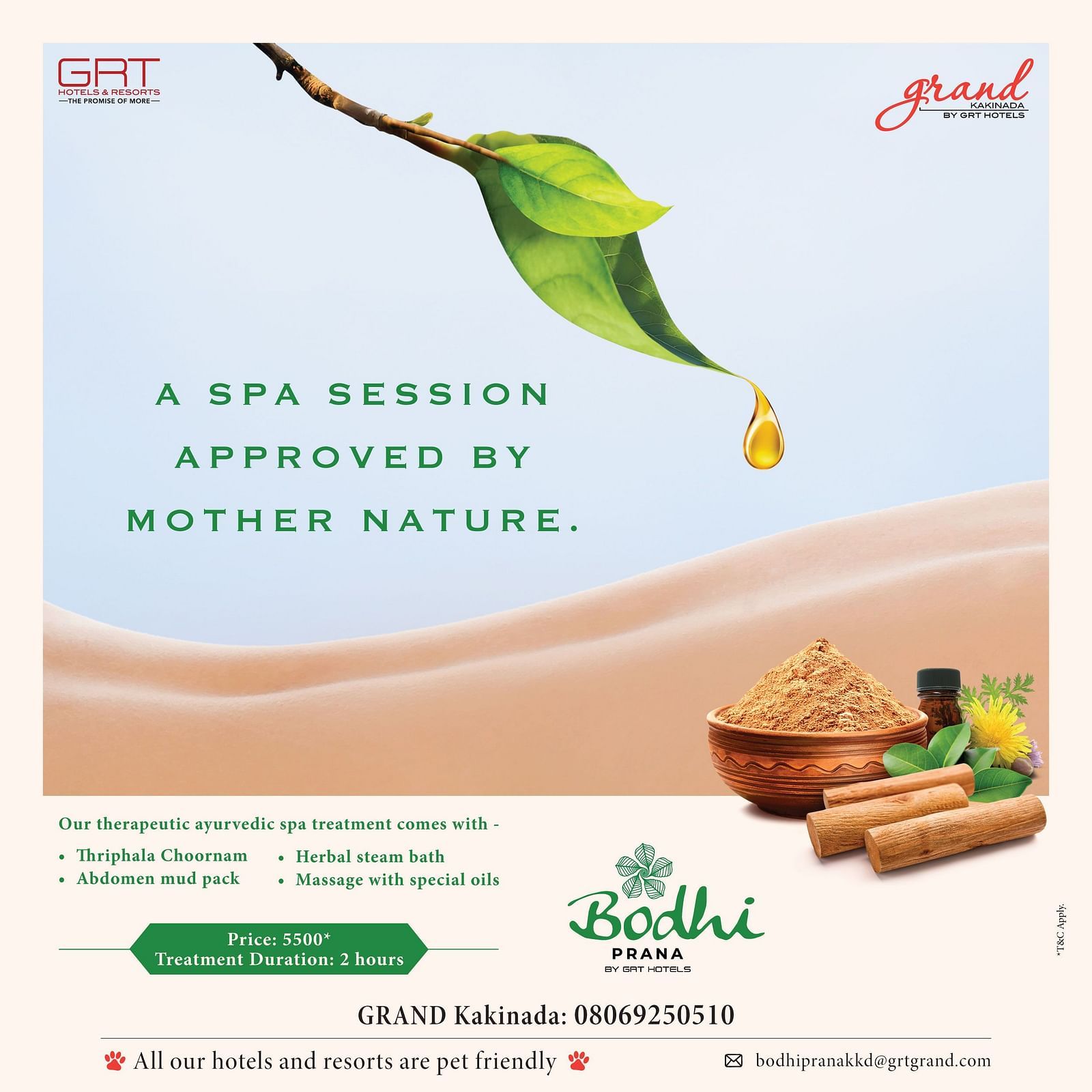 Bodhi Prana Ayurvedic spa promotion at Grand Kakinada by GRT Hotels highlighting herbal treatments, valid from 15th July to 15th October.