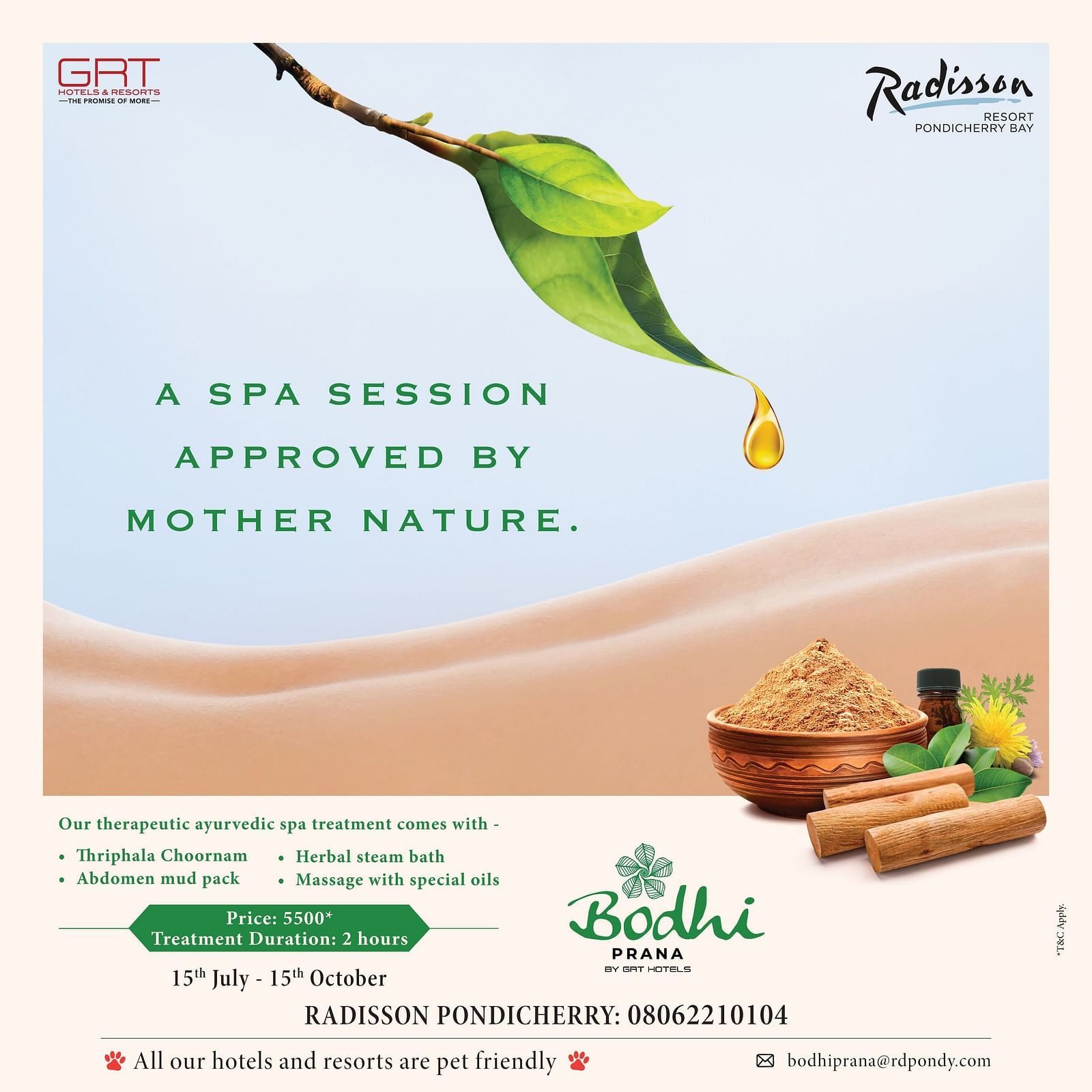 Bodhi Prana Ayurvedic spa offer at Radisson Resort Pondicherry Bay featuring traditional treatments, valid from 15th July to 15th October.