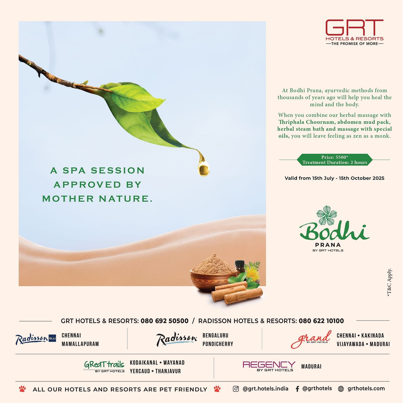 GRT Hotels and Resorts banner showcases a green leaf with oil droplets, promoting Bodhi Prana treatments and ancient healing, valid from 15 Jul to 15 Oct 2025.