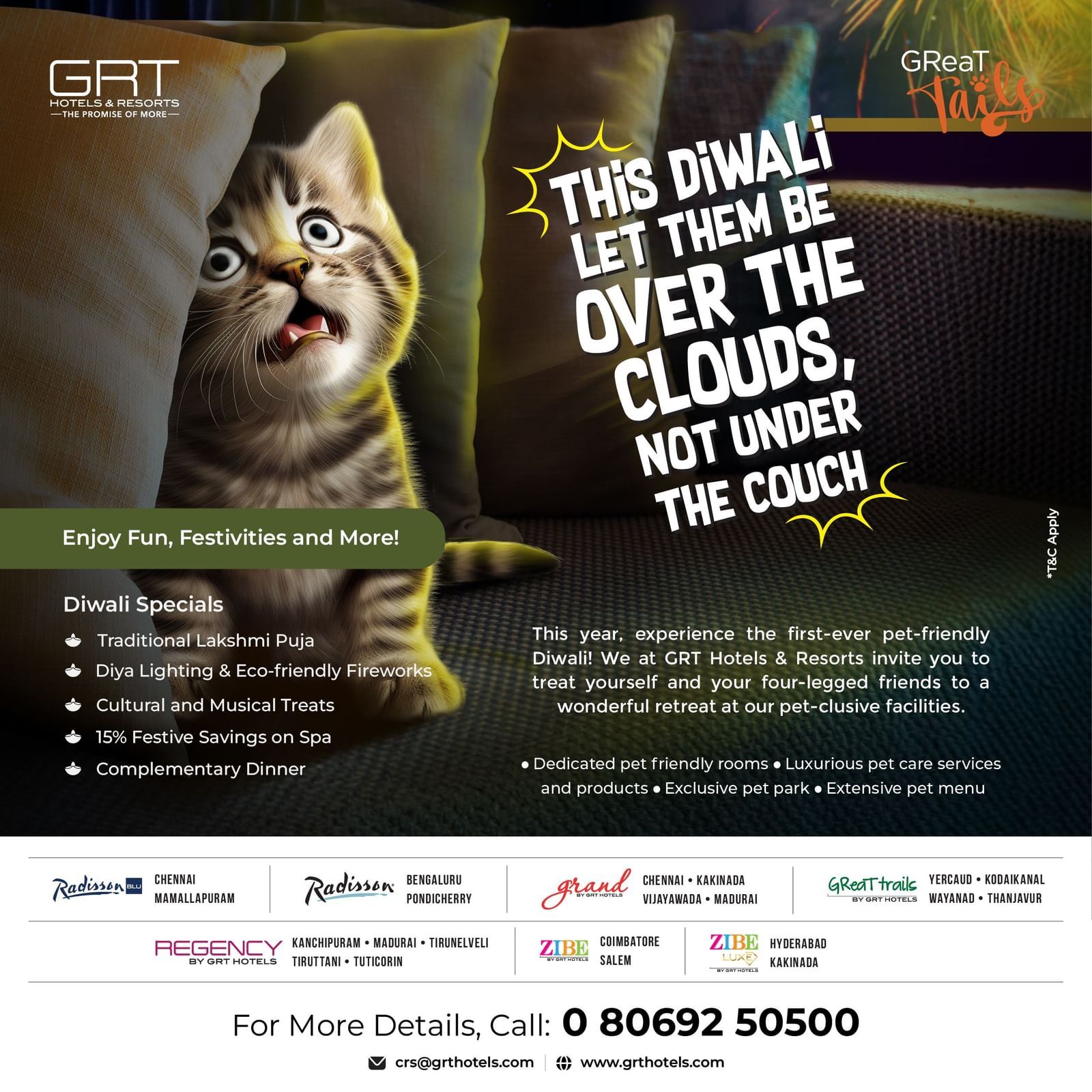 Pet-friendly Diwali stays by GRT Hotels – let your pets stay over the clouds, not under the couch. Enjoy festive perks and comfort for all.