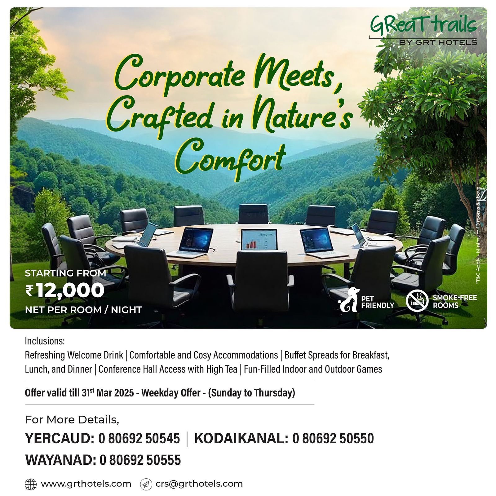 Host Corporate Meets at GReaT Trails from INR 12,000per night, featuring scenic venues, cosy stays, buffet dining, and conference facilities