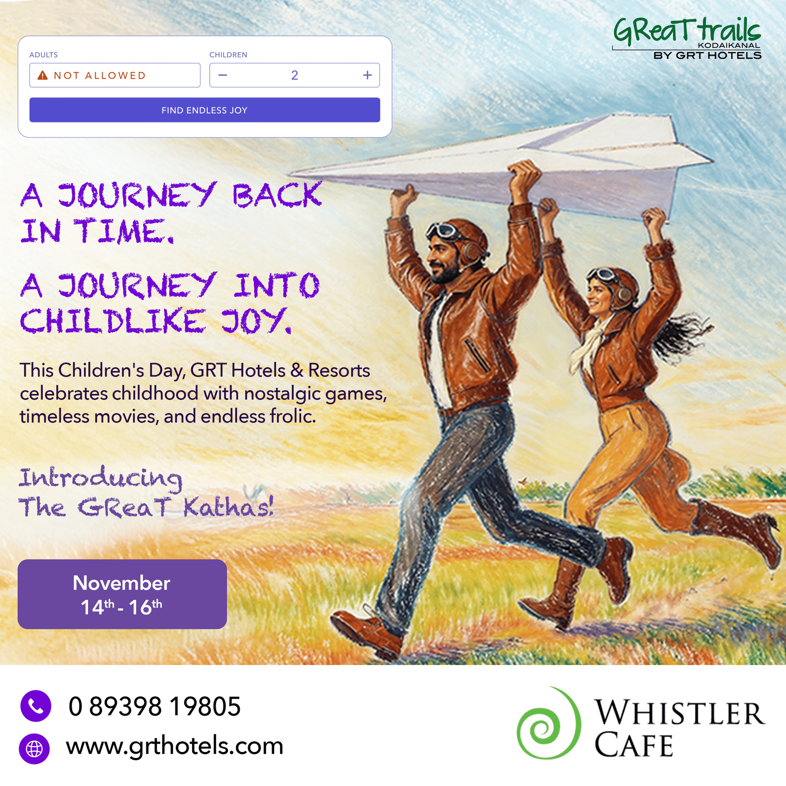 Joyful people running with a paper plane, symbolising childhood wonder during The GReaT Kathas, Children’s Day celebration by GRT Hotels & Resorts.