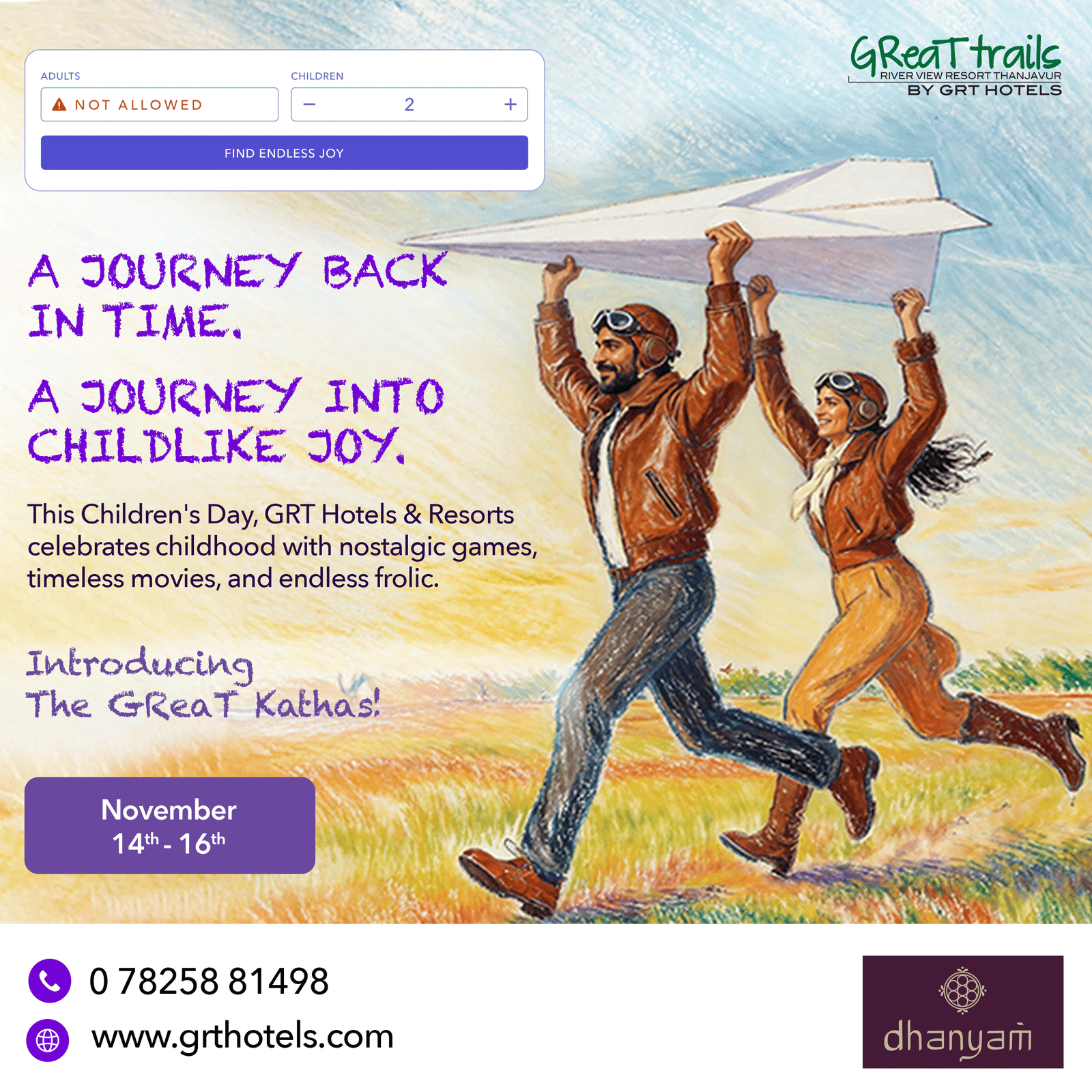 Joyful people running with a paper plane, symbolising childhood wonder during The GReaT Kathas, Children’s Day celebration by GRT Hotels & Resorts.