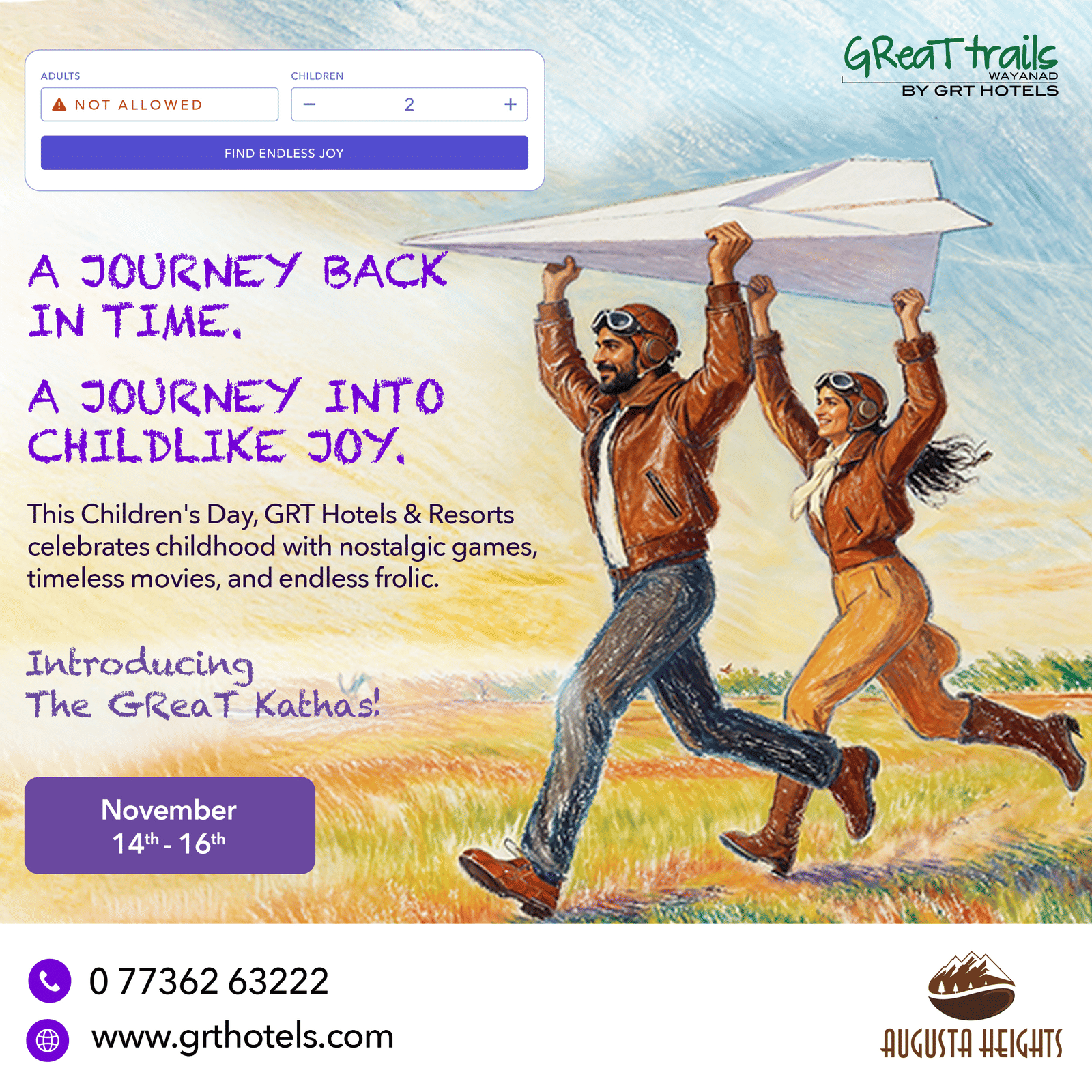 Joyful people running with a paper plane, symbolising childhood wonder during The GReaT Kathas, Children’s Day celebration by GRT Hotels & Resorts.