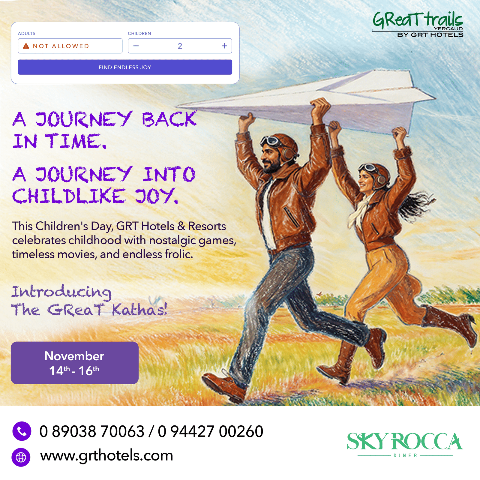 Joyful people running with a paper plane, symbolising childhood wonder during The GReaT Kathas, Children’s Day celebration by GRT Hotels & Resorts.