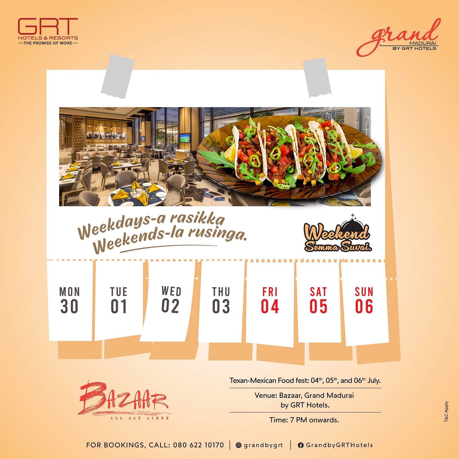 Texan–Mexican food fest poster by Grand Madurai, GRT Hotels. Shows tacos, restaurant view, and dates for weekend event with - Weekends-la rusinga.