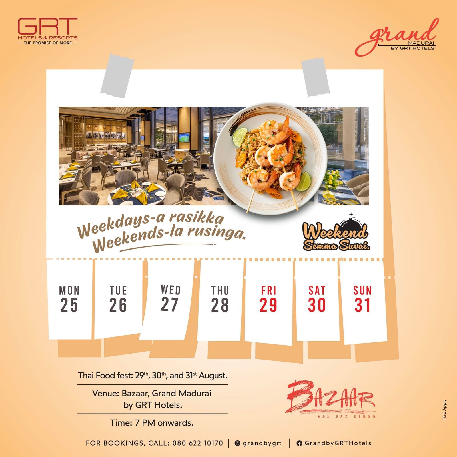 Promotional banner for Thai Food Fest at Bazaar, Grand Madurai by GRT Hotels, Aug 29-31 at 7 PM
