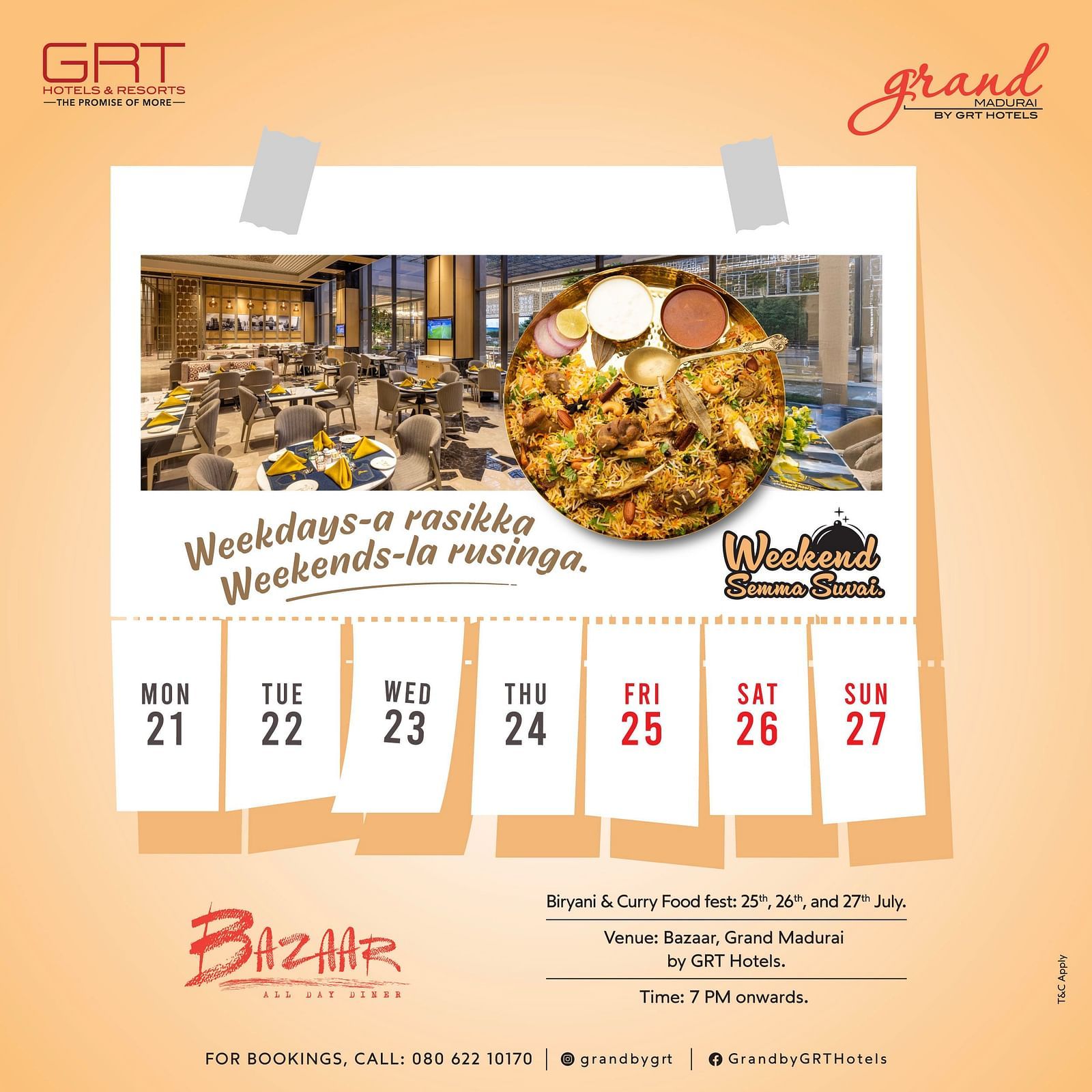 Biryani & Curry Food Feast poster by GRT Hotels – event dates from 21st to 27th July at Bazaar restaurant, Grand Chennai. Featuring biryani visuals and event details.