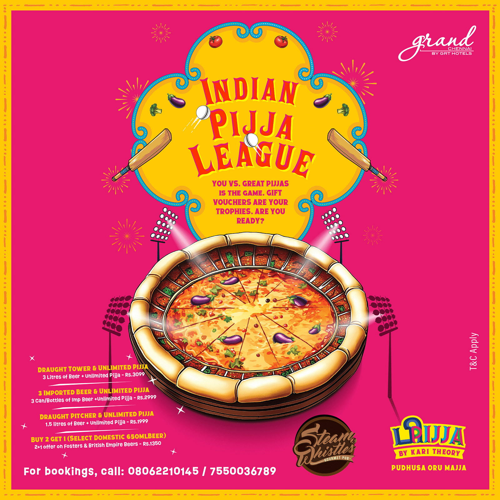 A flat lay of a pizza in a pink bowl, text overlay, yellow background - Indian Pijja Leauge