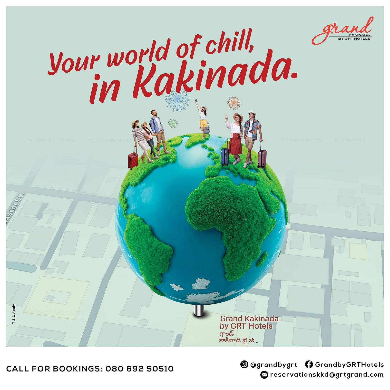  Illustration of a green globe with casual travelers, text says: Your world of chill, in Kakinada