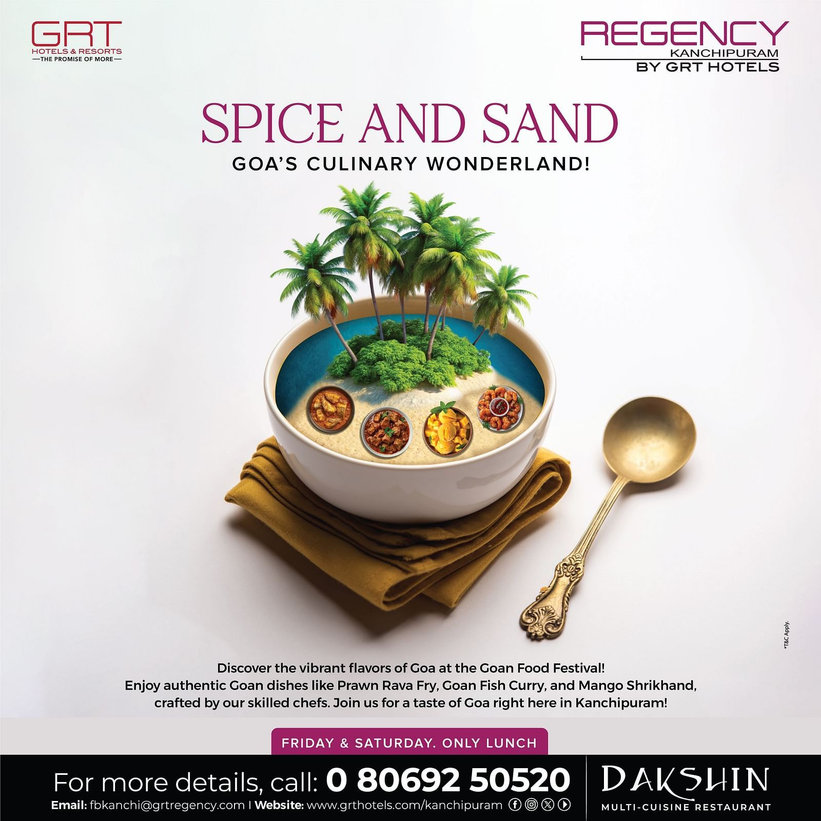 Food festival creative for ‘Spice and Sand’ at Regency Kanchipuram, featuring a Goan curry bowl with herbs and spices.