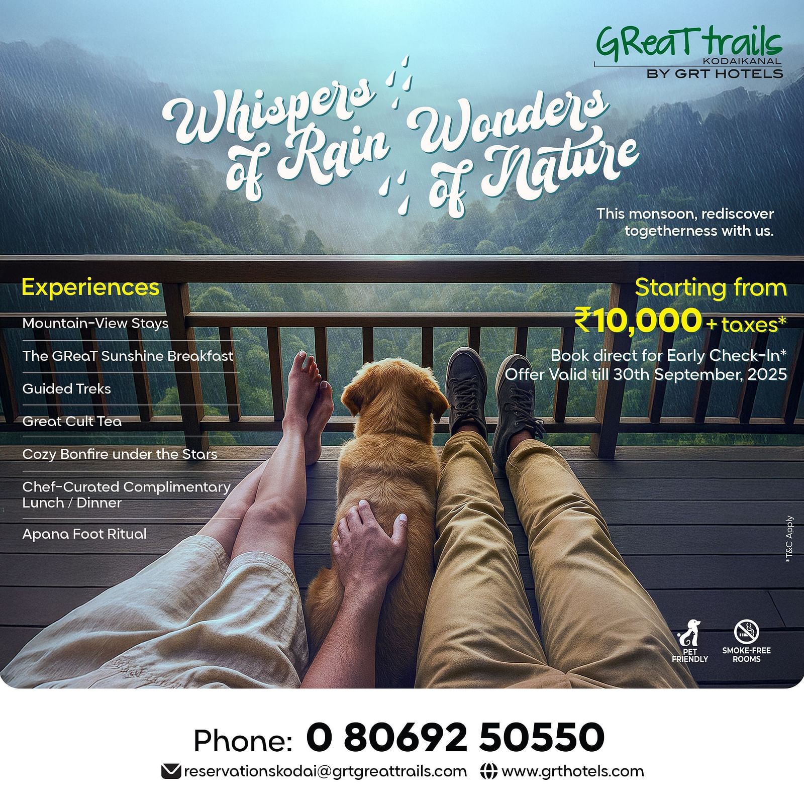 Great Trails Kodaikanal: Couple with dog on balcony, overlooking lush hills, package from ?10,000 with boating, trekking, and waterfalls