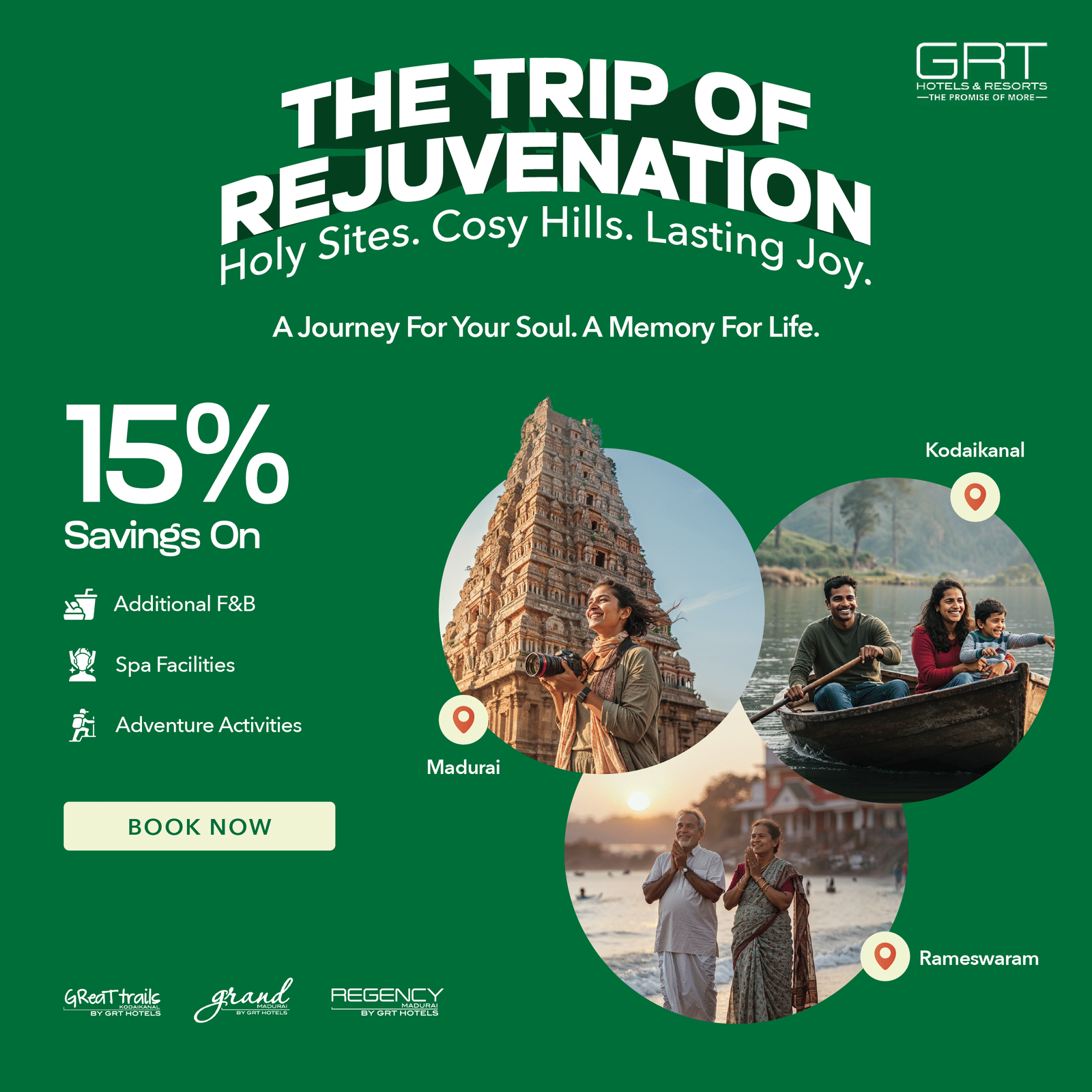 Promotional creative for The Trip of Rejuvenation offer at  GRT Hotels featuring spa and adventure.