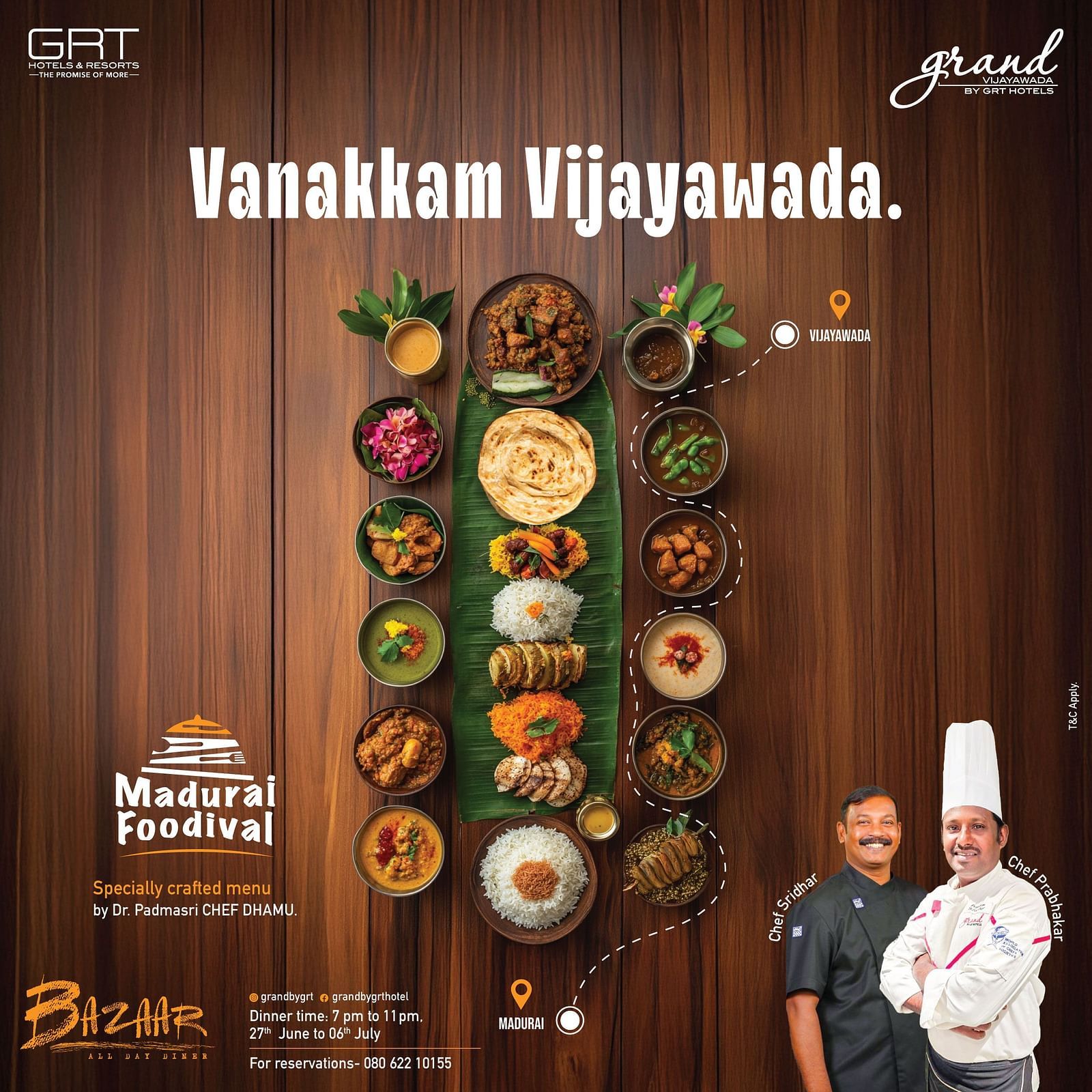 Event poster for Madurai Foodival at GRT Vijayawada, showcasing authentic South Indian cuisine, chefs Sridhar and Prabhakar, and key event info