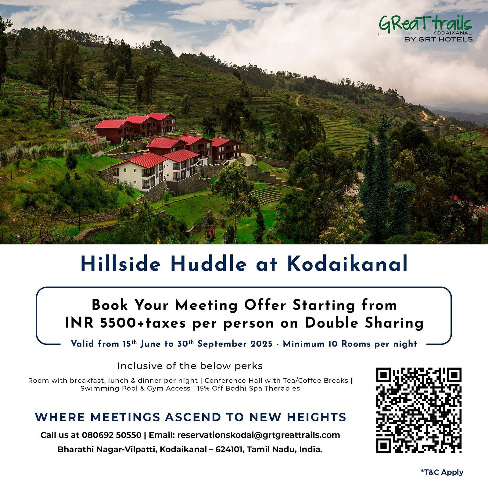 Kodaikanal meeting offer starting from INR 5500 plus taxes per person on double sharing. Includes meals, conference hall, and leisure access at a hillside resort.