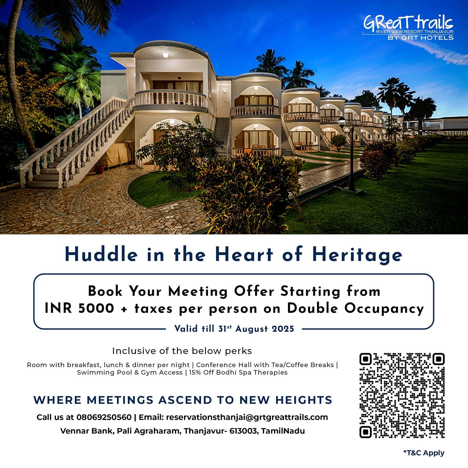 Thanjavur meeting offer starting from INR 5000 plus taxes per person on double occupancy. Includes meals, conference hall, and spa access at Great Trails River View Resort.