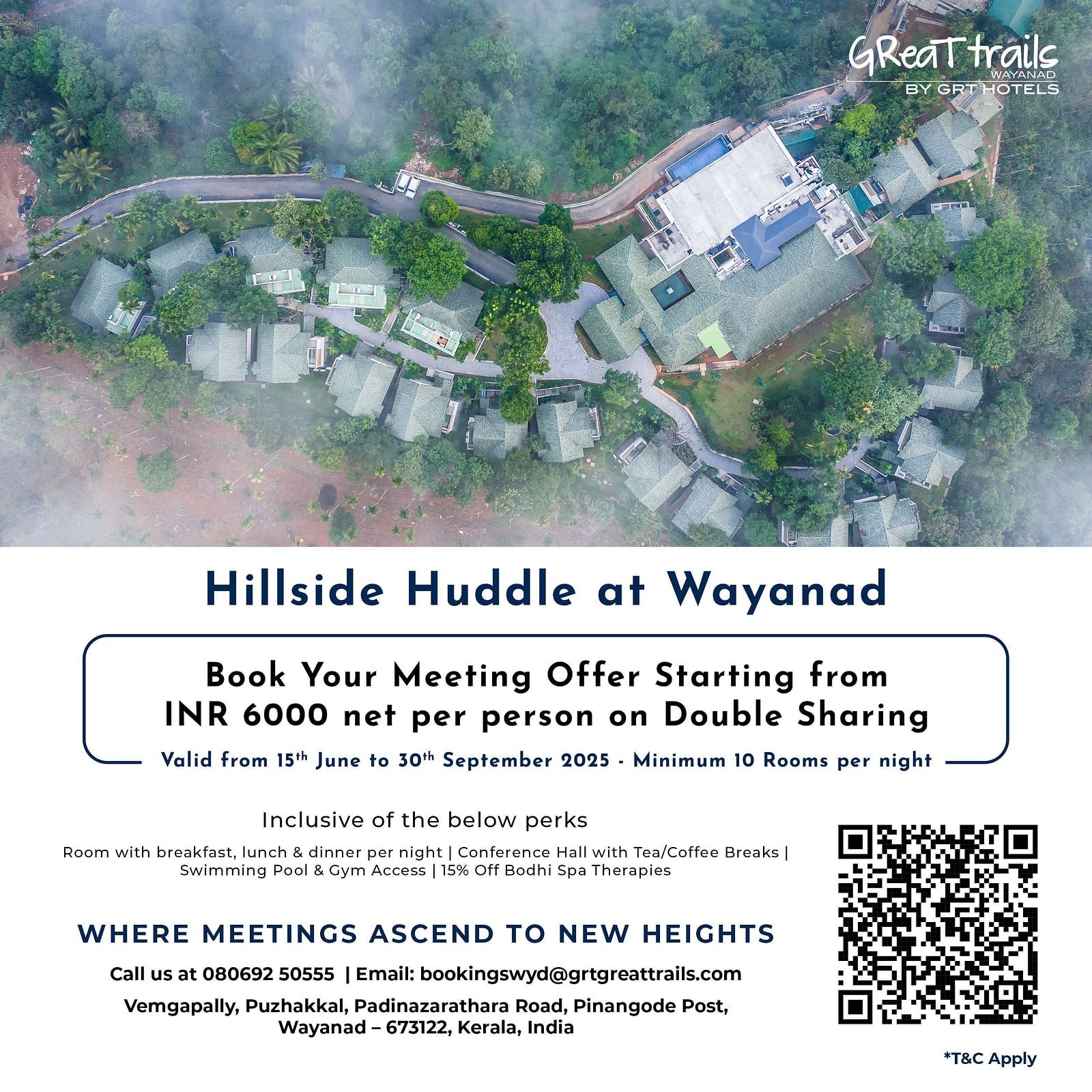 Wayanad meeting offer starting from INR 6000 net per person on double sharing. Package includes meals, conference hall, and pool gym access in a misty hillside.